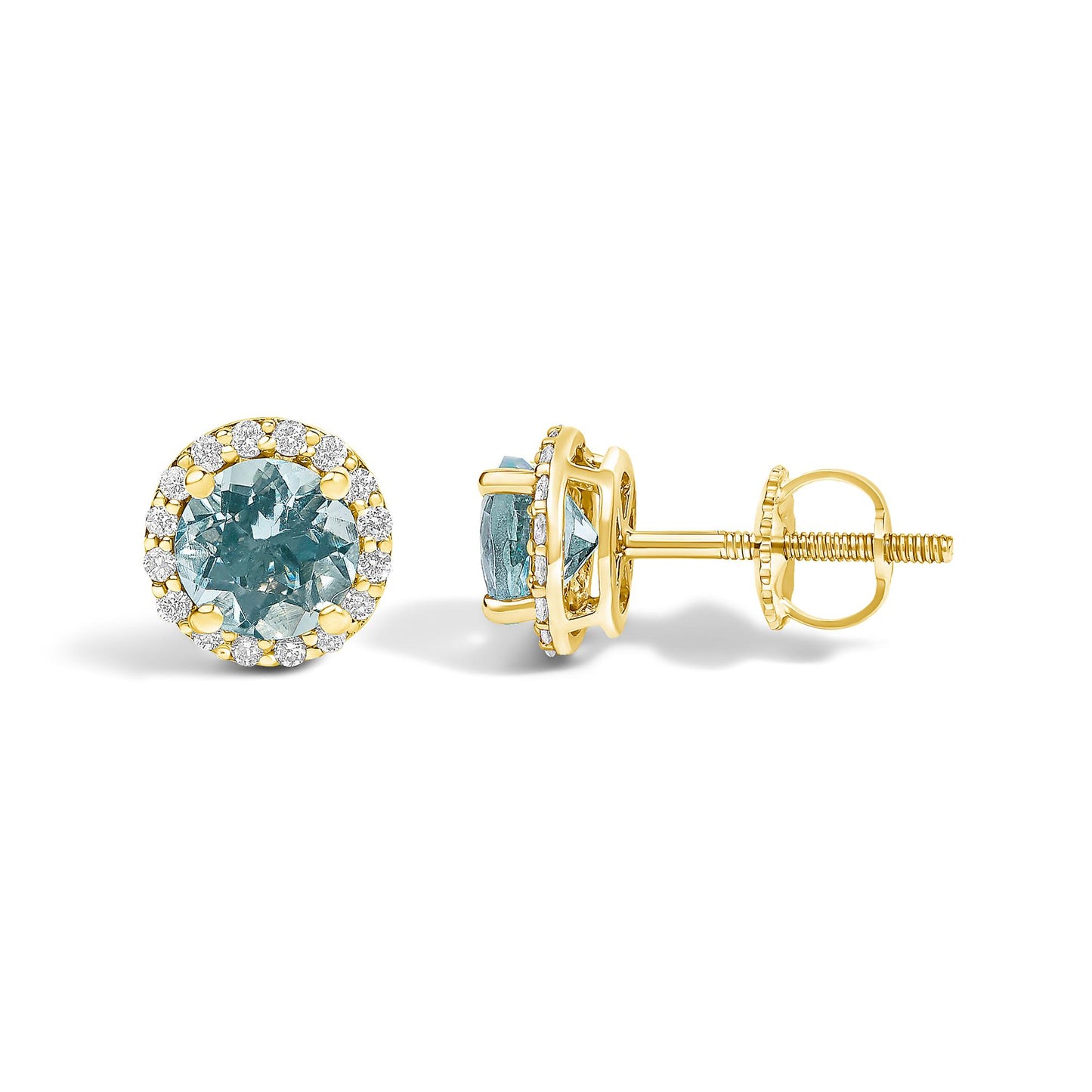 Pair of yellow metal stud earrings shown from front and side angles, each featuring a central round blue gemstone surrounded by a halo of small round white gemstones in shared prong settings.