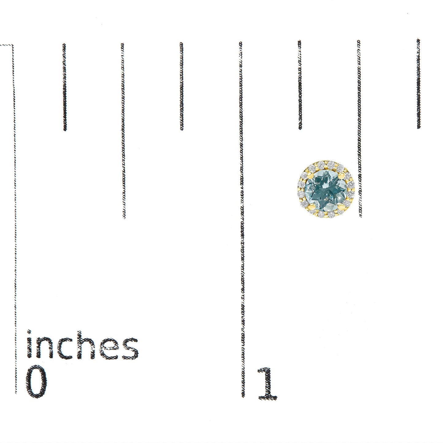 Single yellow metal earring with a round blue gemstone center surrounded by a circle of small white gemstones, shown on a scale image from front angle.
