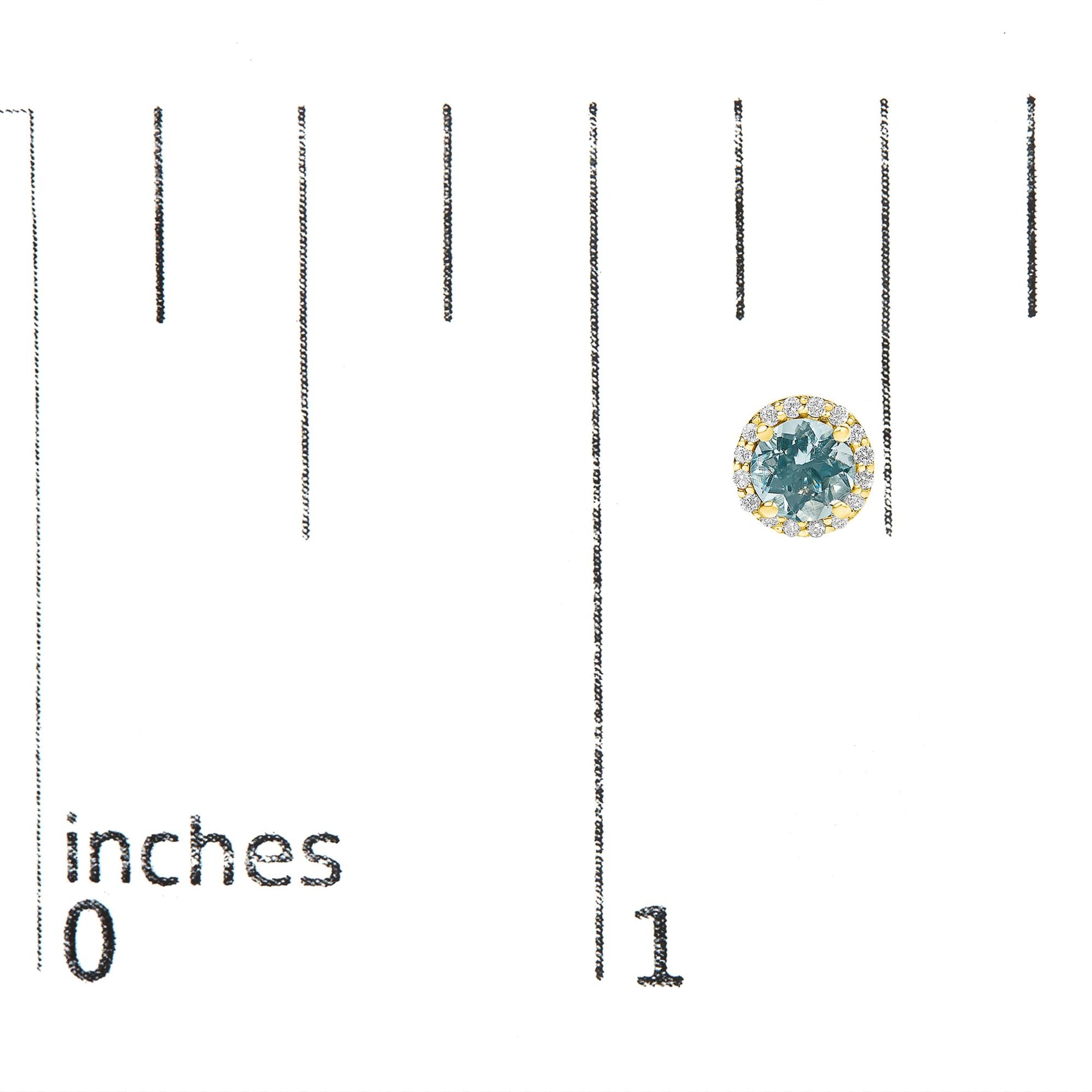 Single yellow metal earring with a round blue gemstone center surrounded by a circle of small white gemstones, shown on a scale image from front angle.