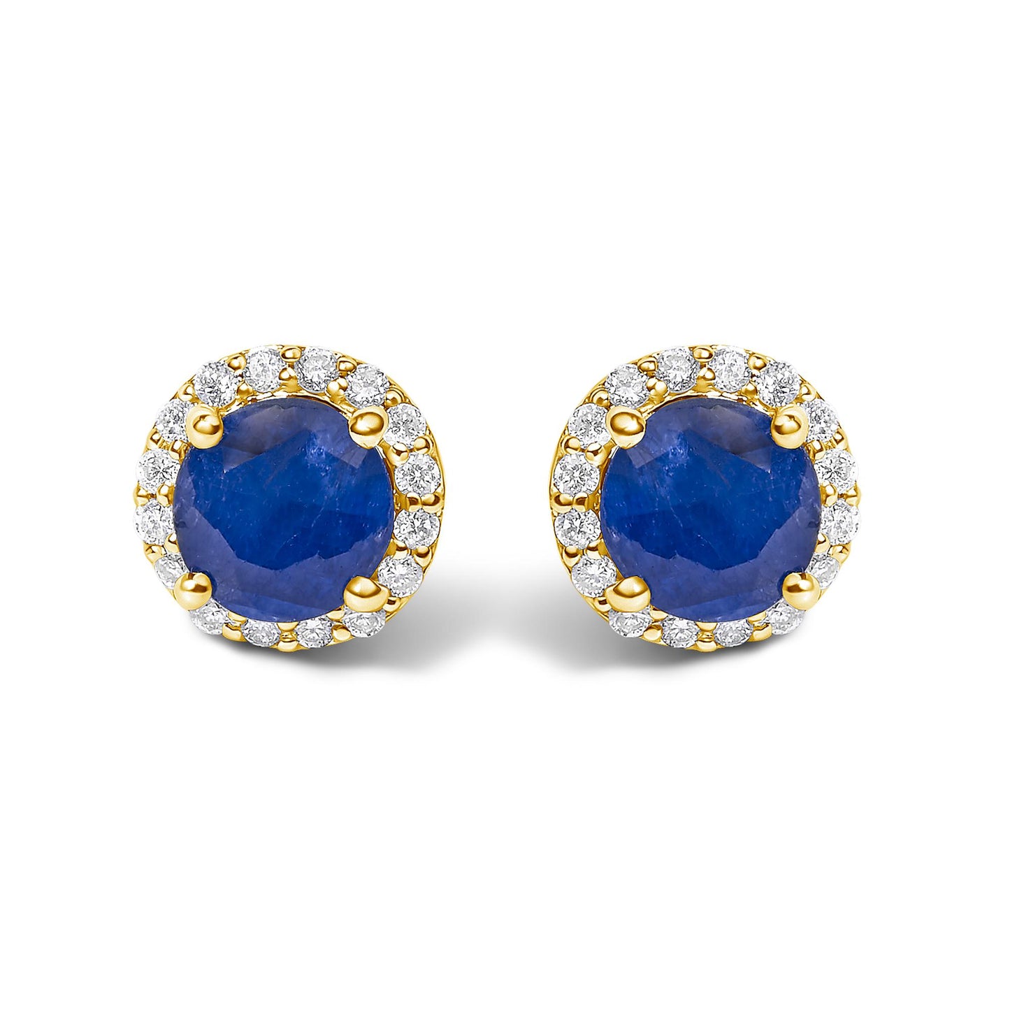 Front view of yellow metal round stud earrings featuring blue round gemstones in four-prong settings, surrounded by small white round gemstones in shared prong settings.
