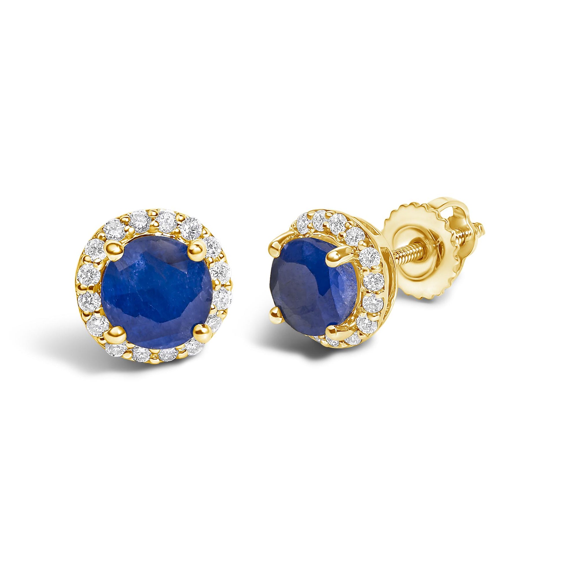 Close-up front and side view of yellow metal stud earrings with round blue gemstone centers, surrounded by small round white gemstones in a shared prong setting.