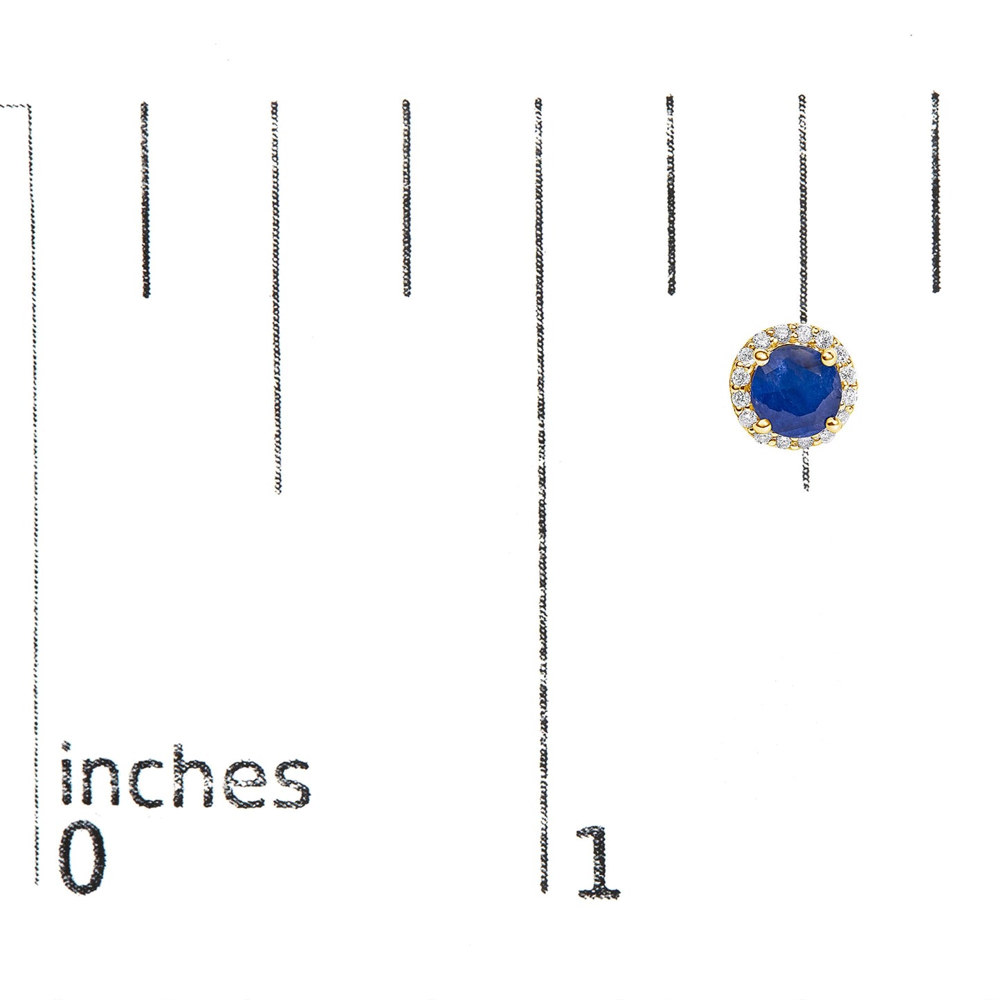Close-up front view of a yellow metal round earring with a central blue gemstone surrounded by a halo of small white gemstones, shown on a measurement scale.