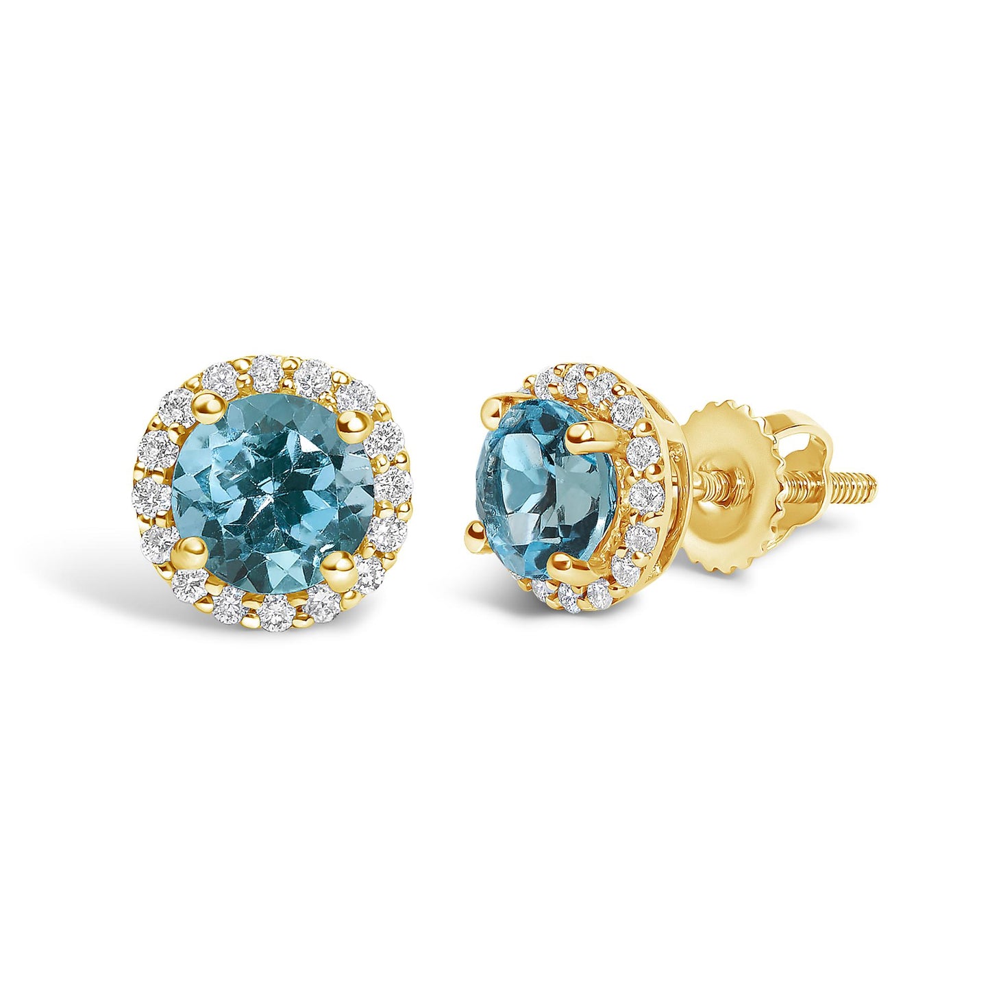 Pair of yellow metal stud earrings shown from front and side angles, each featuring a central round blue gemstone with a four-prong setting, surrounded by a halo of round white gemstones in shared prong settings.