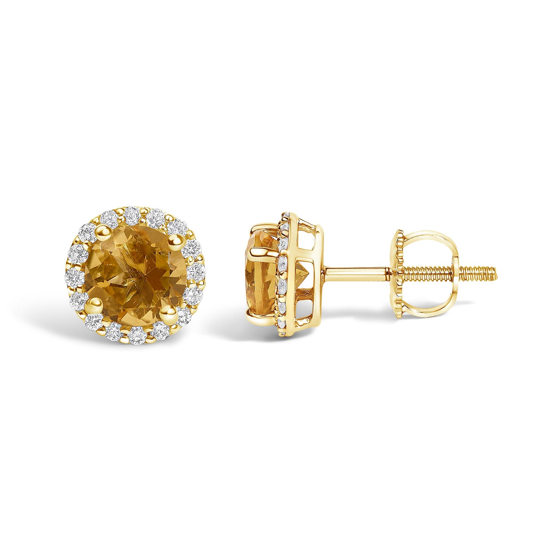 Pair of yellow metal stud earrings shown from front and side angles, each featuring a round orange gemstone center surrounded by a halo of small round white gemstones in shared prong settings.