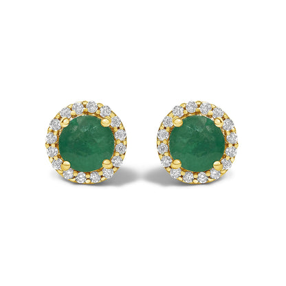 Front view of round yellow metal stud earrings featuring a central green gemstone surrounded by a halo of small white gemstones in shared prong settings.