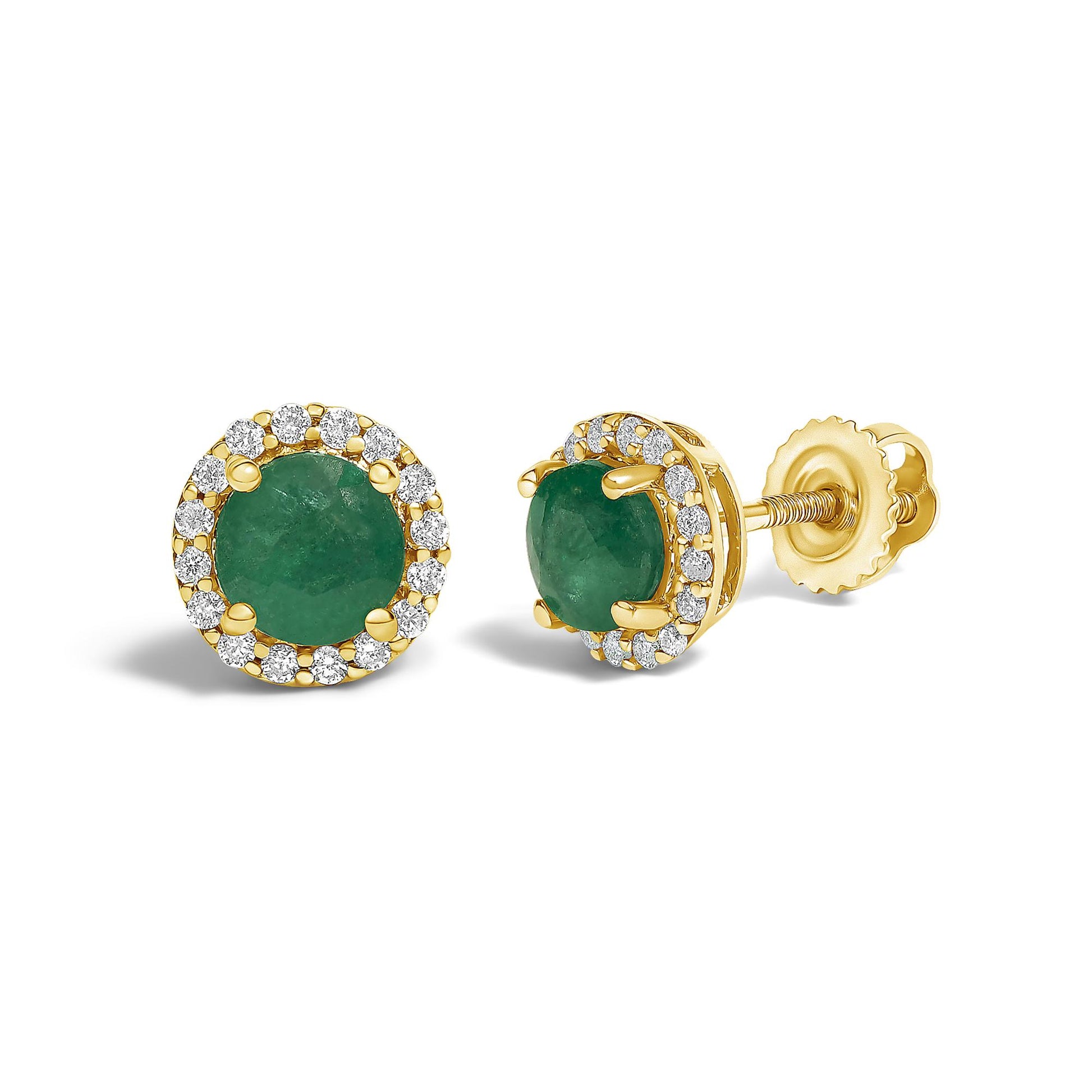 Pair of yellow metal stud earrings with round green gemstones in the center, surrounded by a circle of small round white gemstones, shown from a front and side angle on a white background.