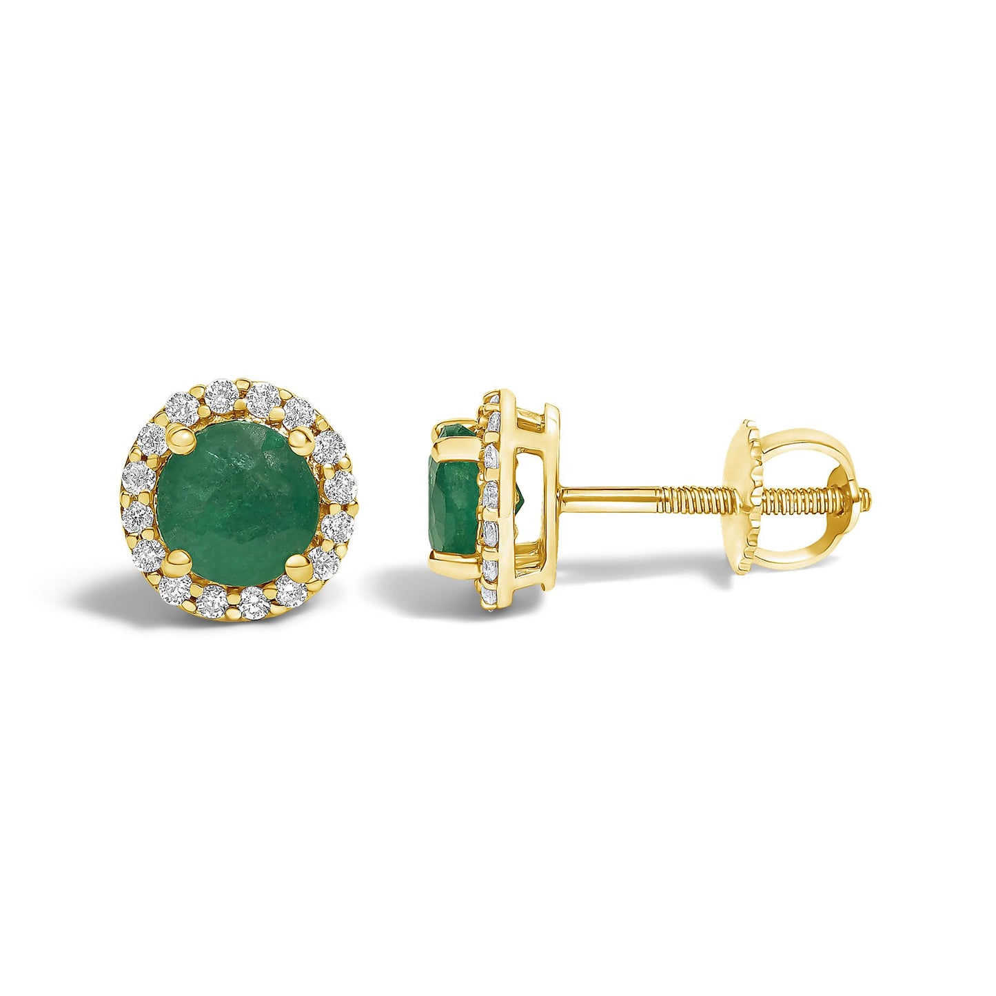 Front and side views of a pair of yellow metal stud earrings featuring round green gemstones surrounded by a halo of round white gemstones, shown on a white background.