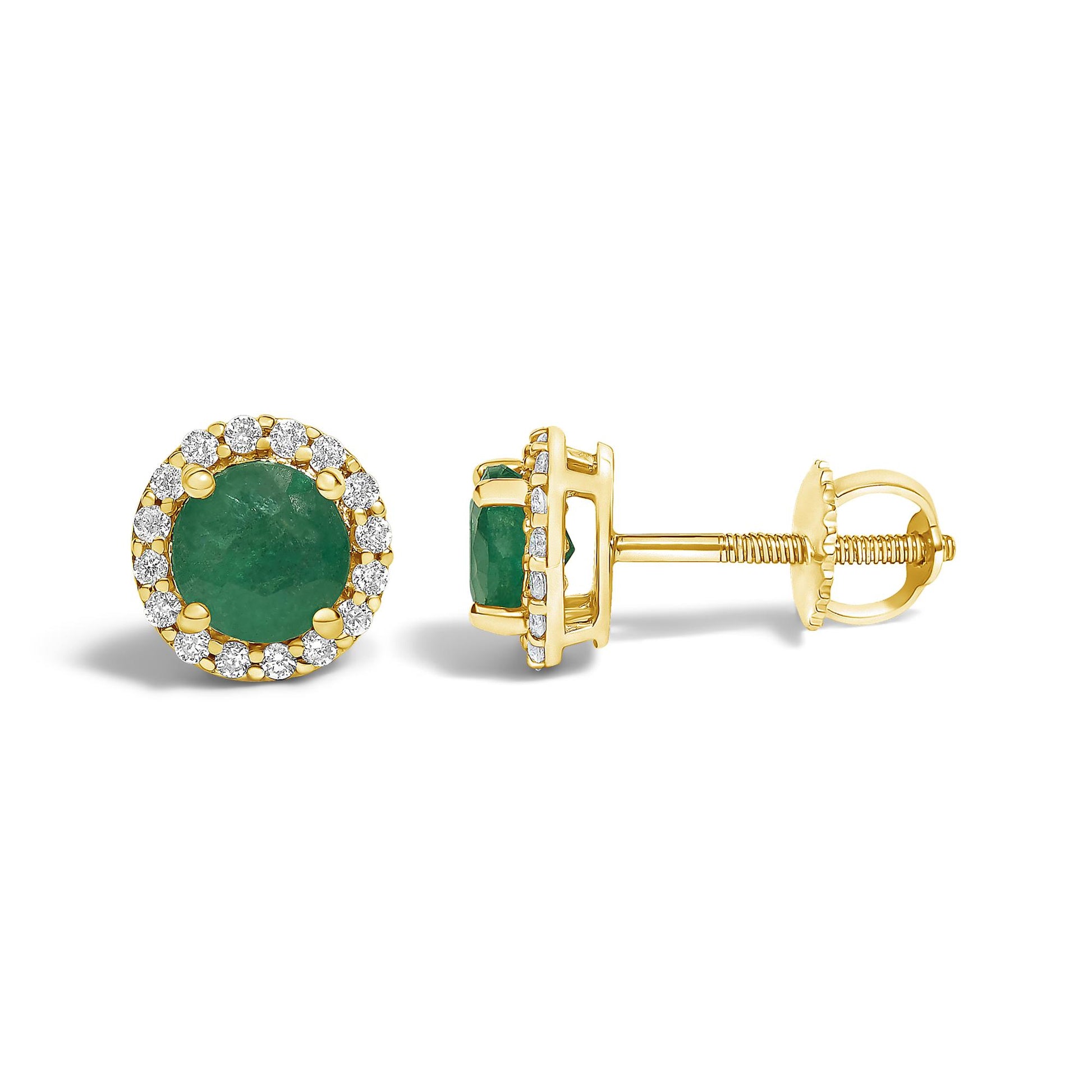 Front and side views of a pair of yellow metal stud earrings featuring round green gemstones surrounded by a halo of round white gemstones, shown on a white background.