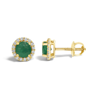 Front and side views of a pair of yellow metal stud earrings featuring round green gemstones surrounded by a halo of round white gemstones, shown on a white background.