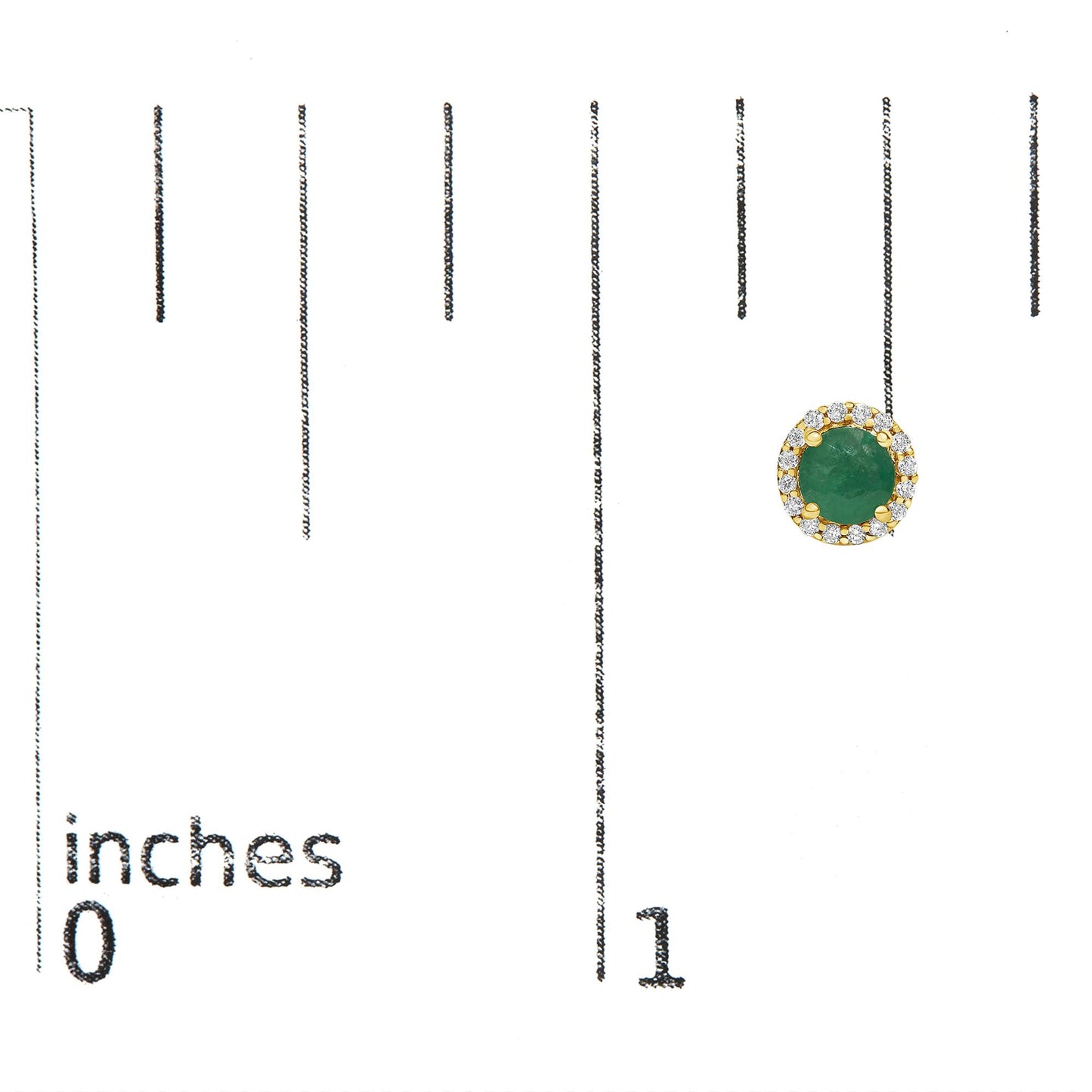 Single yellow metal earring with a round green gemstone center surrounded by a halo of small round white gemstones in shared prong settings, shown on a scale.