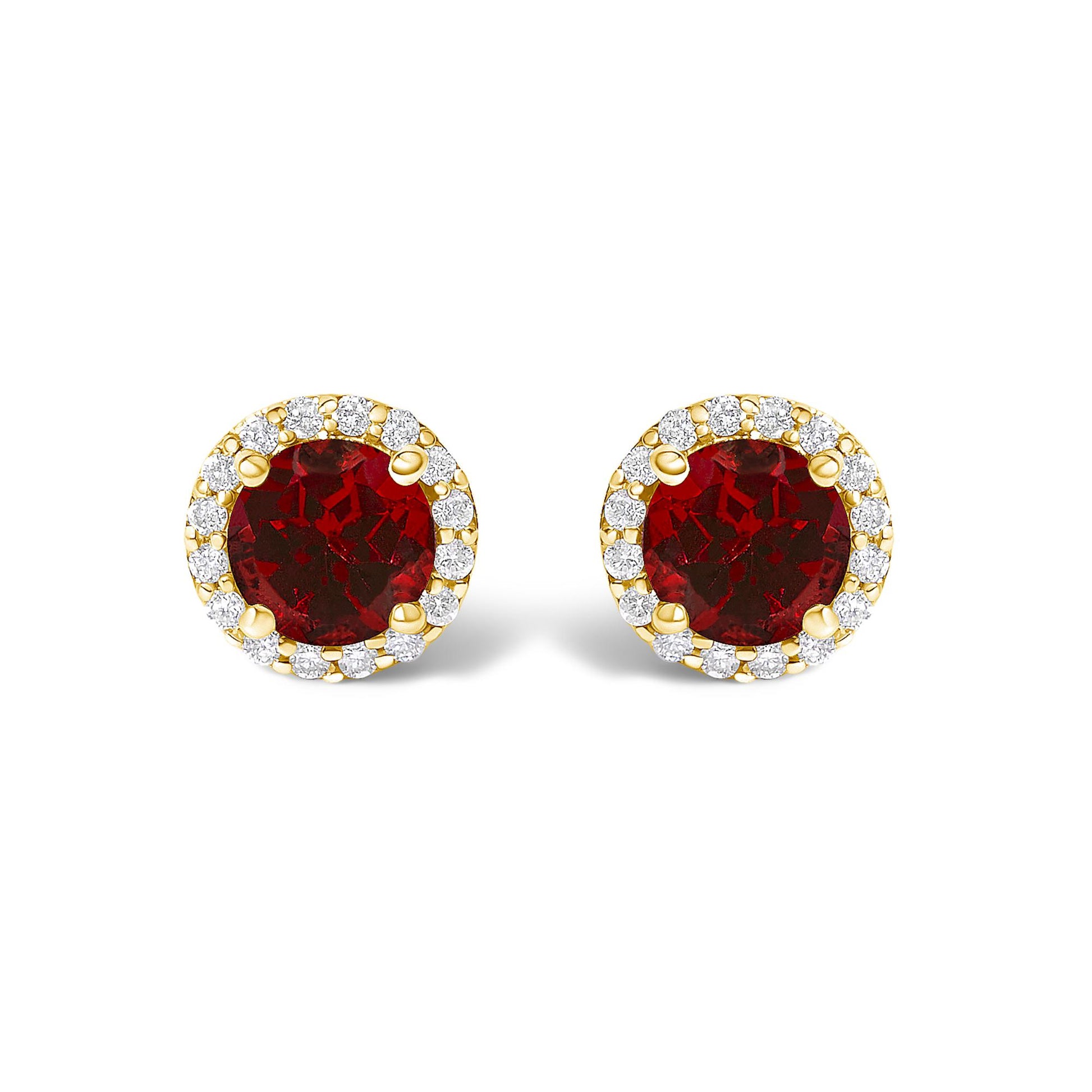 Pair of yellow metal round stud earrings with central red gemstones surrounded by a halo of small white gemstones, shown in a front-facing angle on a white background.