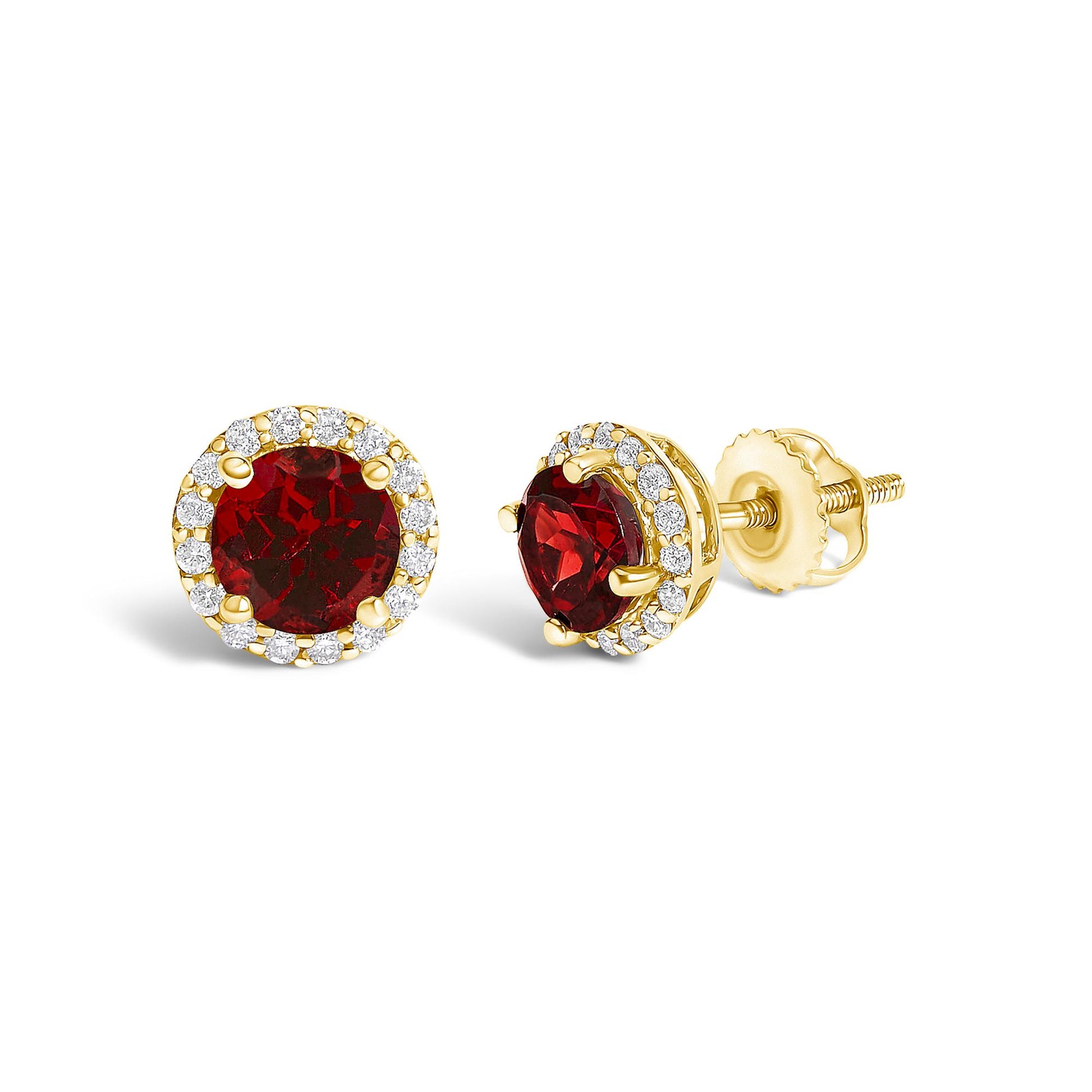 Pair of yellow metal stud earrings shown from front and side angles, each featuring a round red gemstone center surrounded by smaller round white gemstones in a shared prong setting.