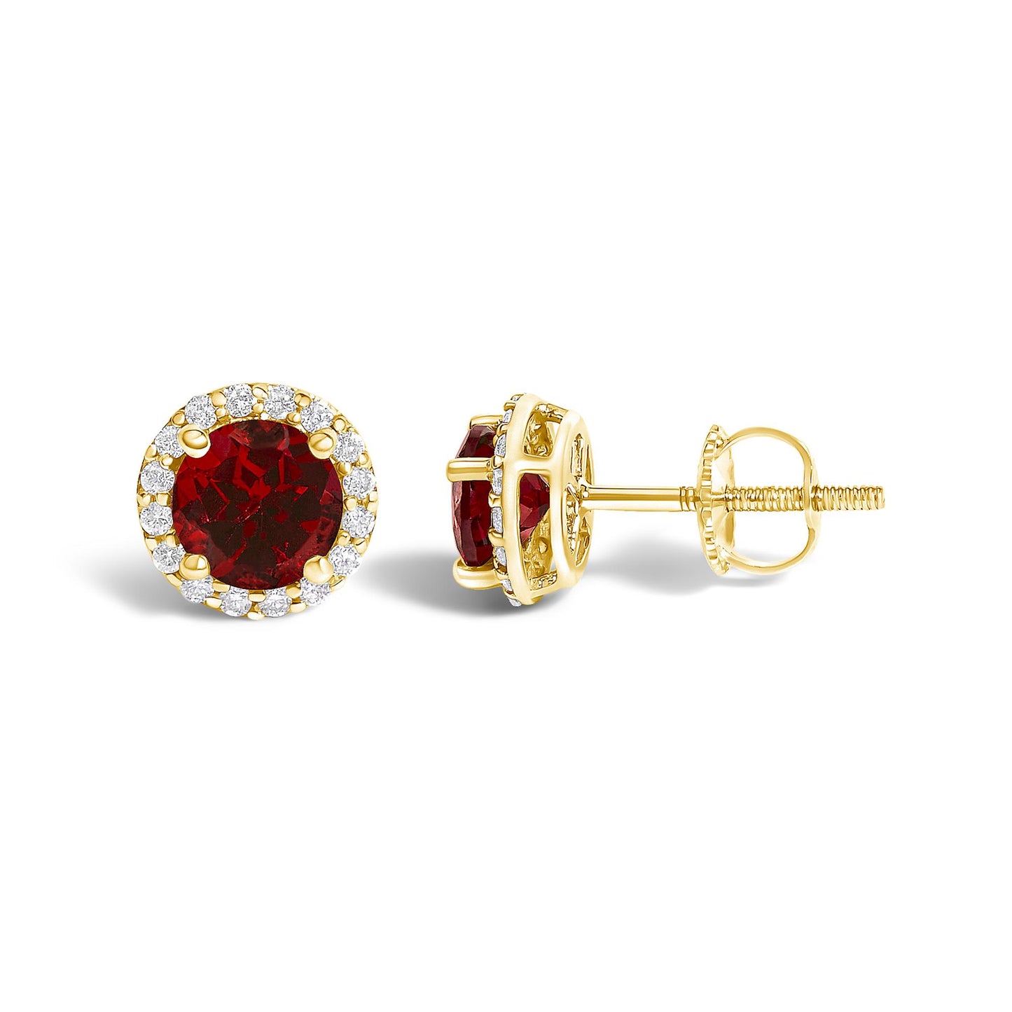 Pair of yellow metal stud earrings shown from front and side angles, each featuring a central round red gemstone surrounded by a circle of small white round gemstones in shared prong settings.