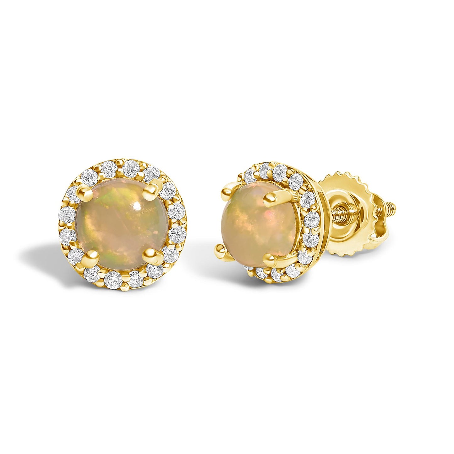 Close-up front and side angle view of yellow metal stud earrings featuring a round multi-color opal gemstone in a four-prong setting, surrounded by a halo of round white gemstones in a shared prong setting.