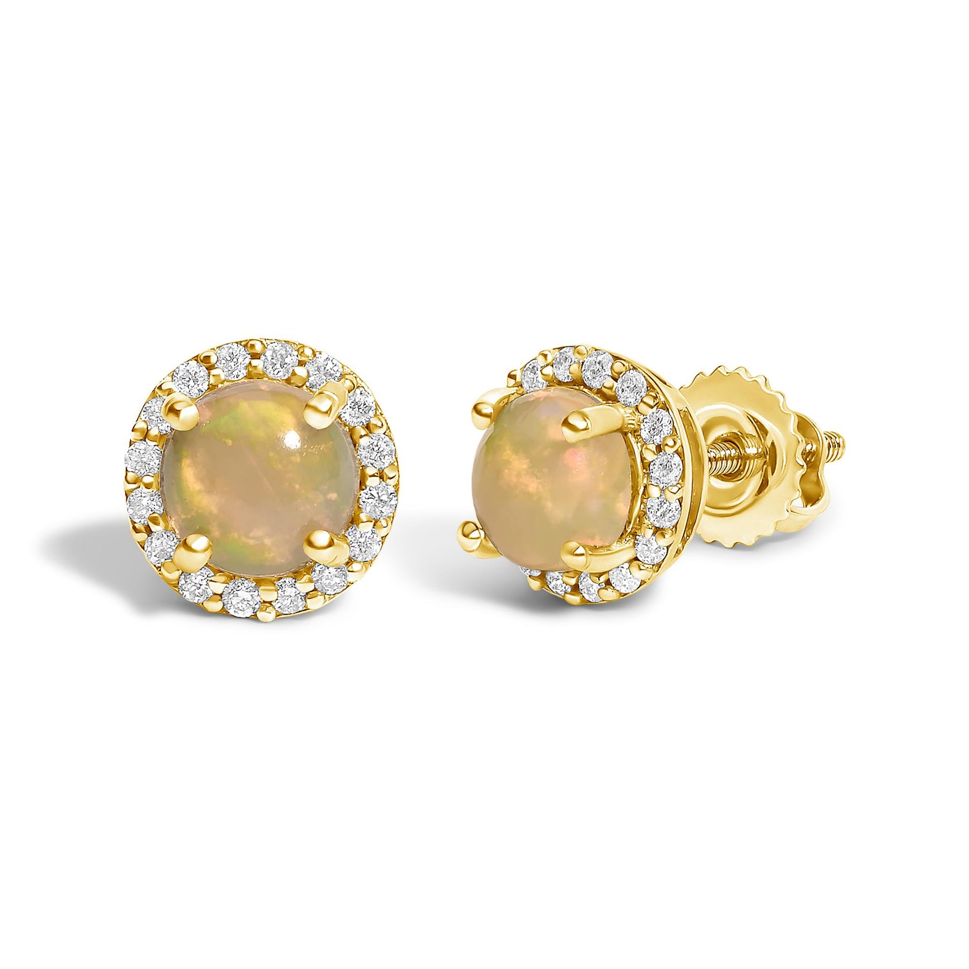 Close-up front and side angle view of yellow metal stud earrings featuring a round multi-color opal gemstone in a four-prong setting, surrounded by a halo of round white gemstones in a shared prong setting.