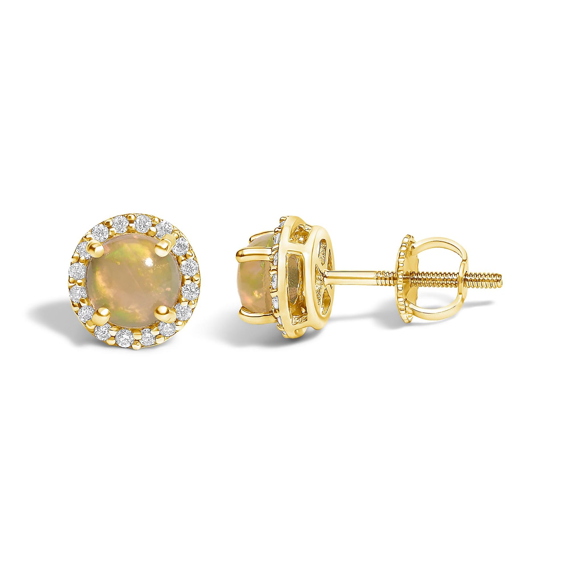 Pair of round yellow metal stud earrings with central multicolor round gemstones set in four prongs, surrounded by a halo of small white round gemstones in shared prong settings, shown from front and side angles on a white background.