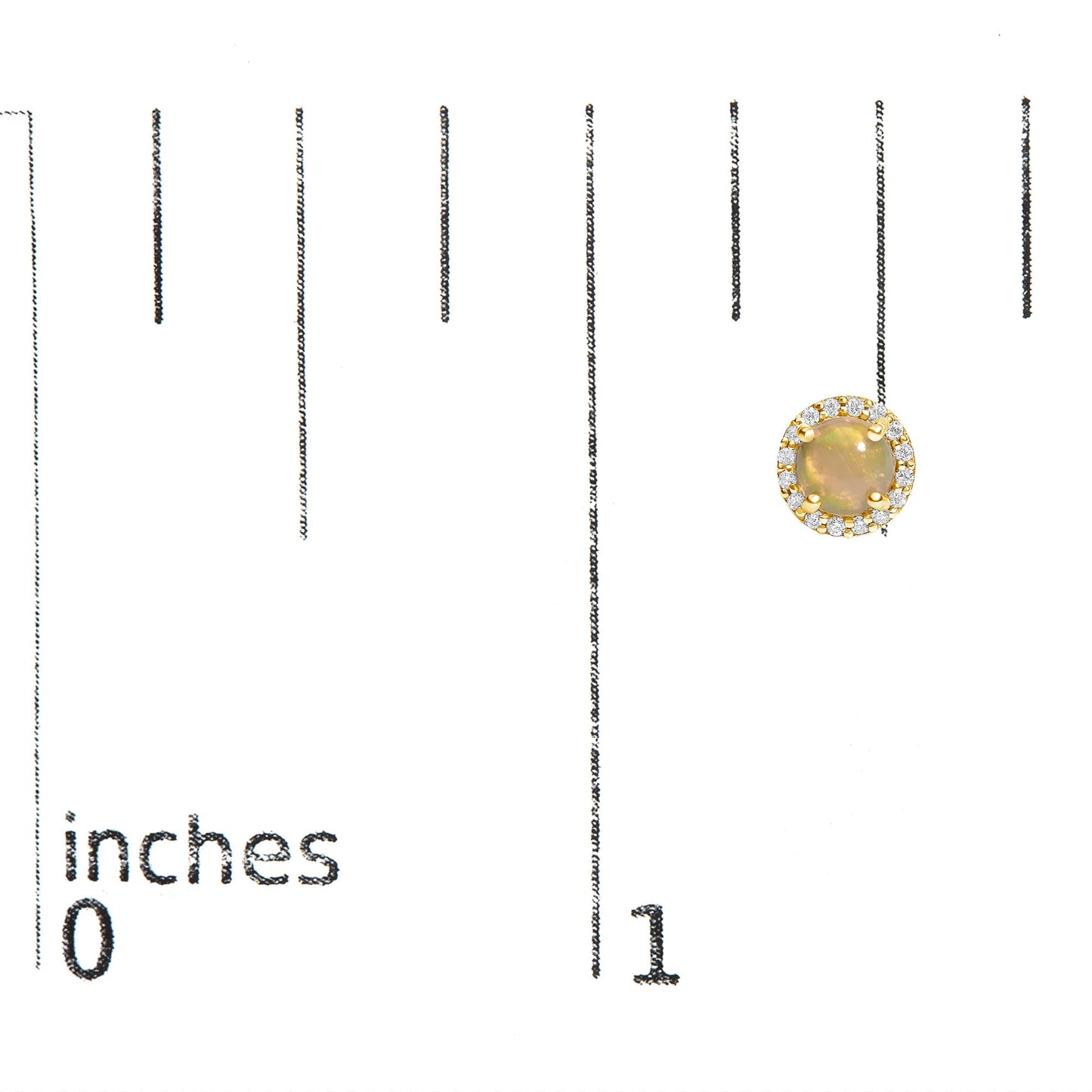 Close-up front view of a yellow metal round earring with a multi-color round gemstone center surrounded by small white round gemstones, shown on a scale.