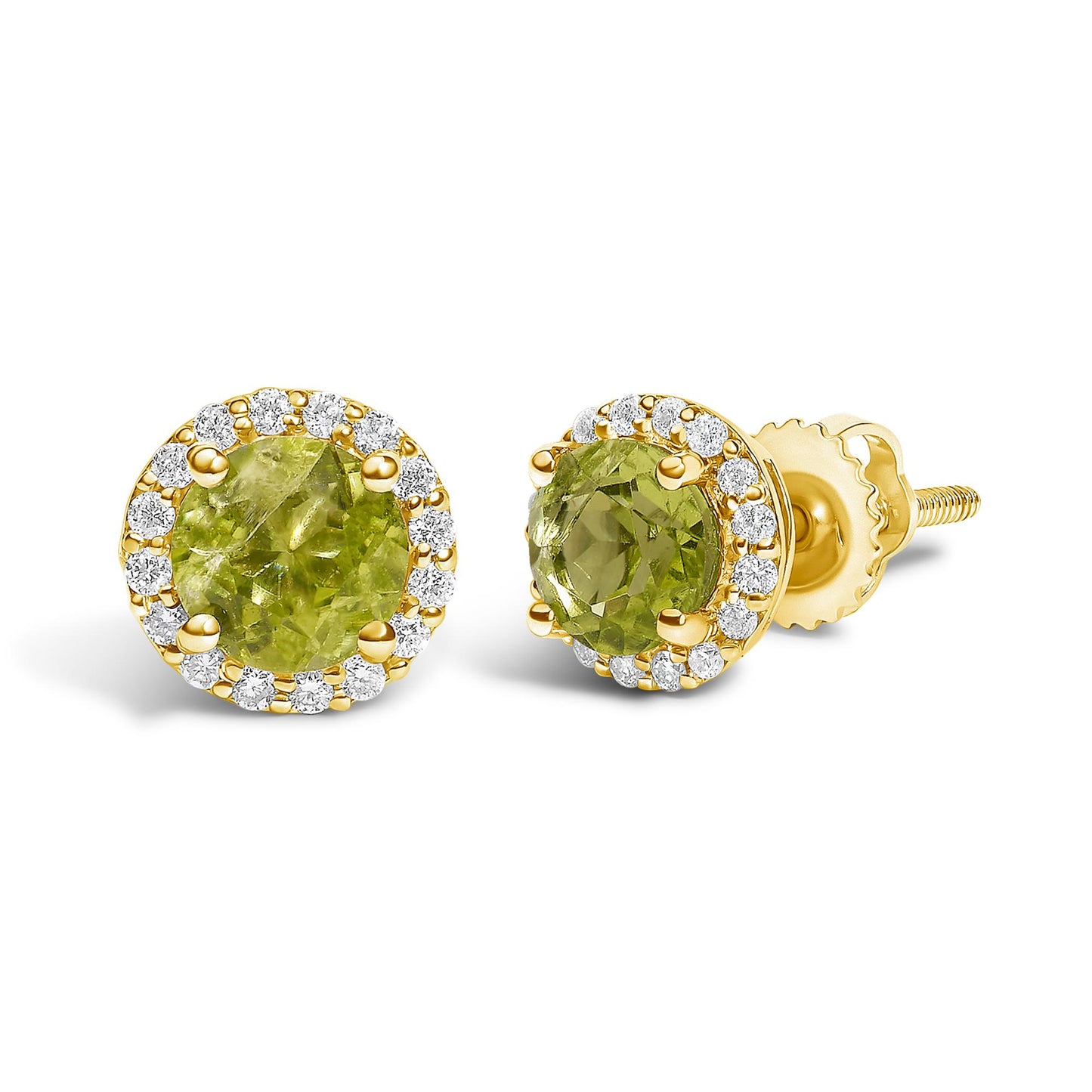 Close-up front and side angled view of a pair of yellow metal stud earrings featuring round green gemstones prong-set in the center, surrounded by a halo of round white gemstones in shared prong settings.