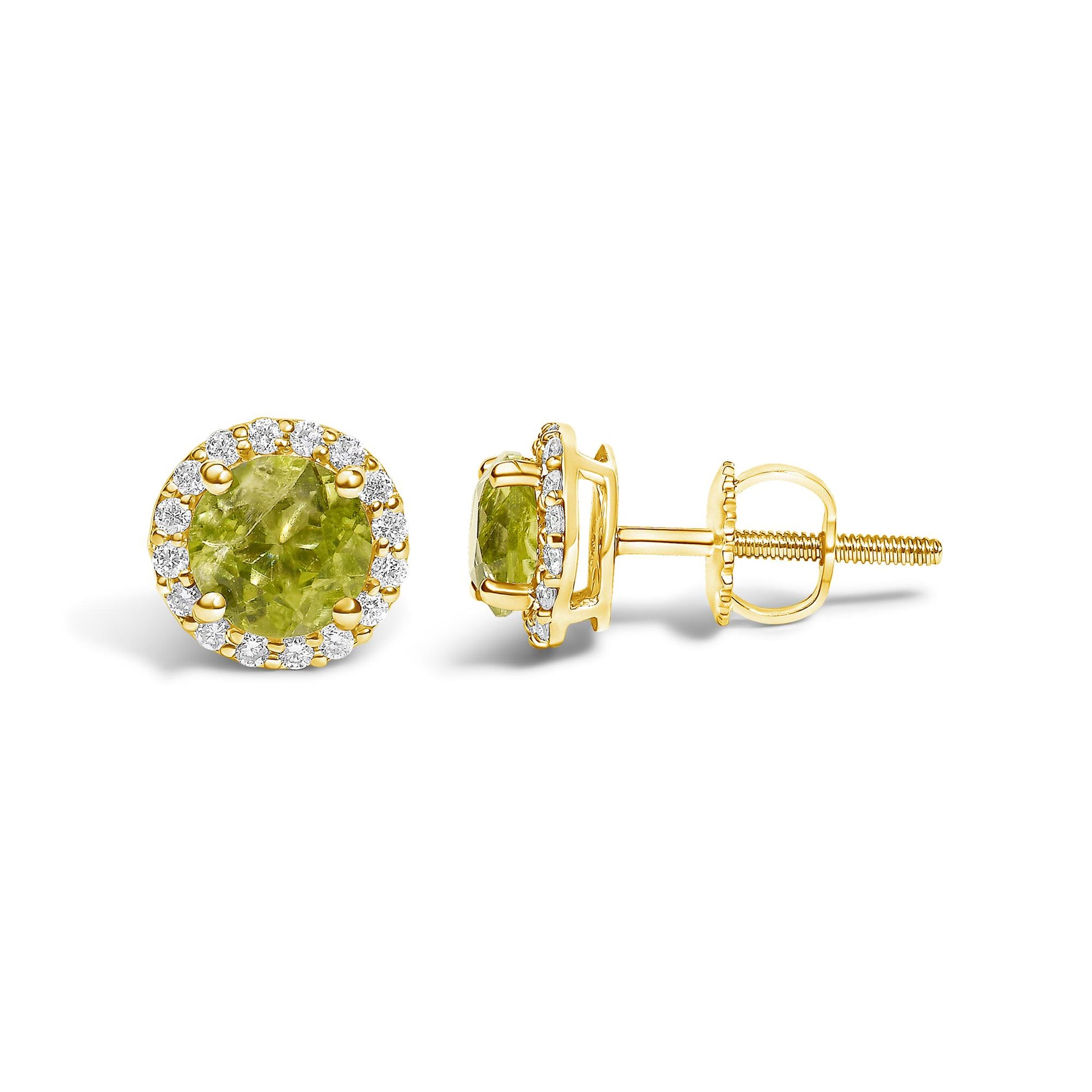 Pair of yellow metal stud earrings shown from front and side angles, featuring a round green gemstone center held by prongs, surrounded by a circle of small white round gemstones in shared prong settings.