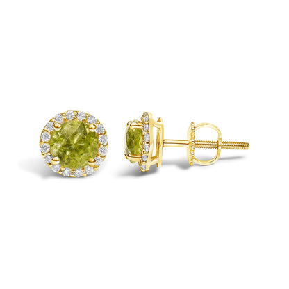 Pair of yellow metal stud earrings shown from front and side angles, featuring a round green gemstone center held by prongs, surrounded by a circle of small white round gemstones in shared prong settings.