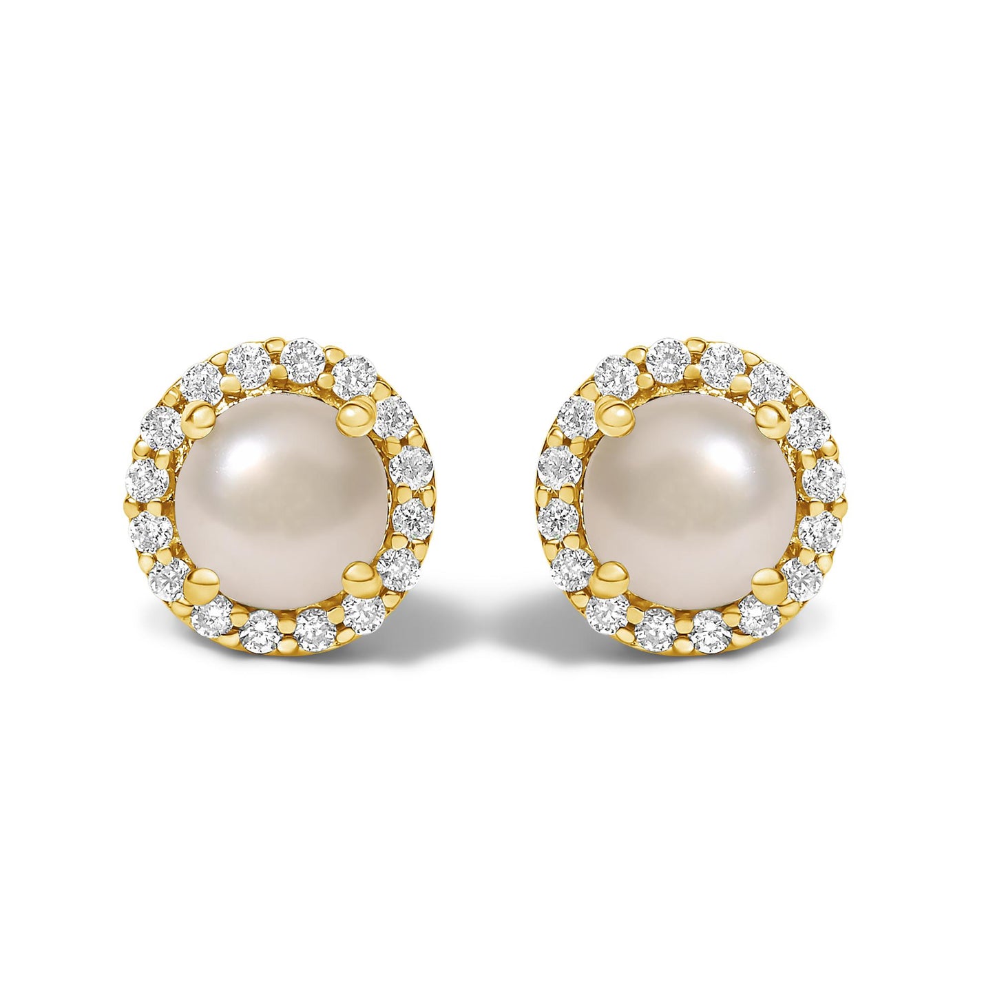 Front view of round yellow metal stud earrings with central smooth round pearls surrounded by a halo of white round gemstones in shared prong settings.