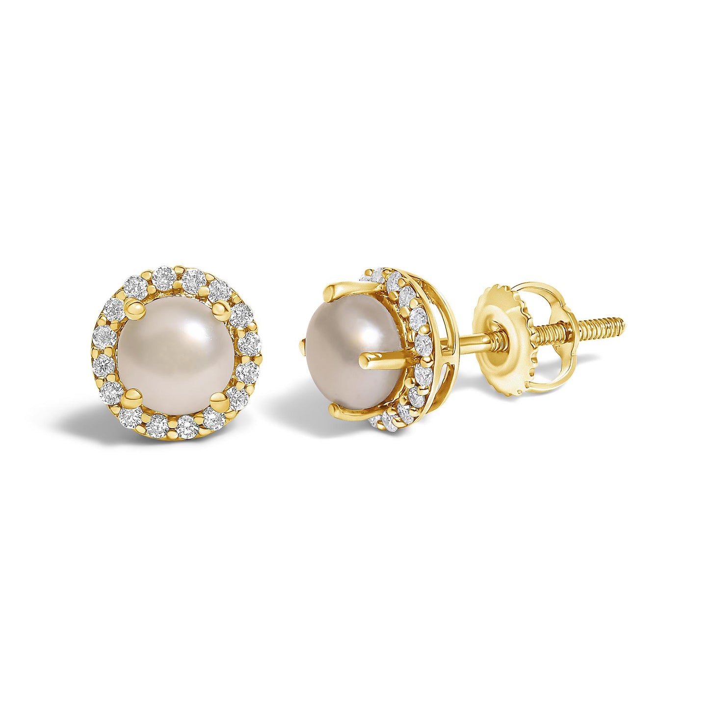 Close-up front and side angle of a pair of yellow metal stud earrings with a central rounded gemstone surrounded by a circle of small white round gemstones in shared prong settings.