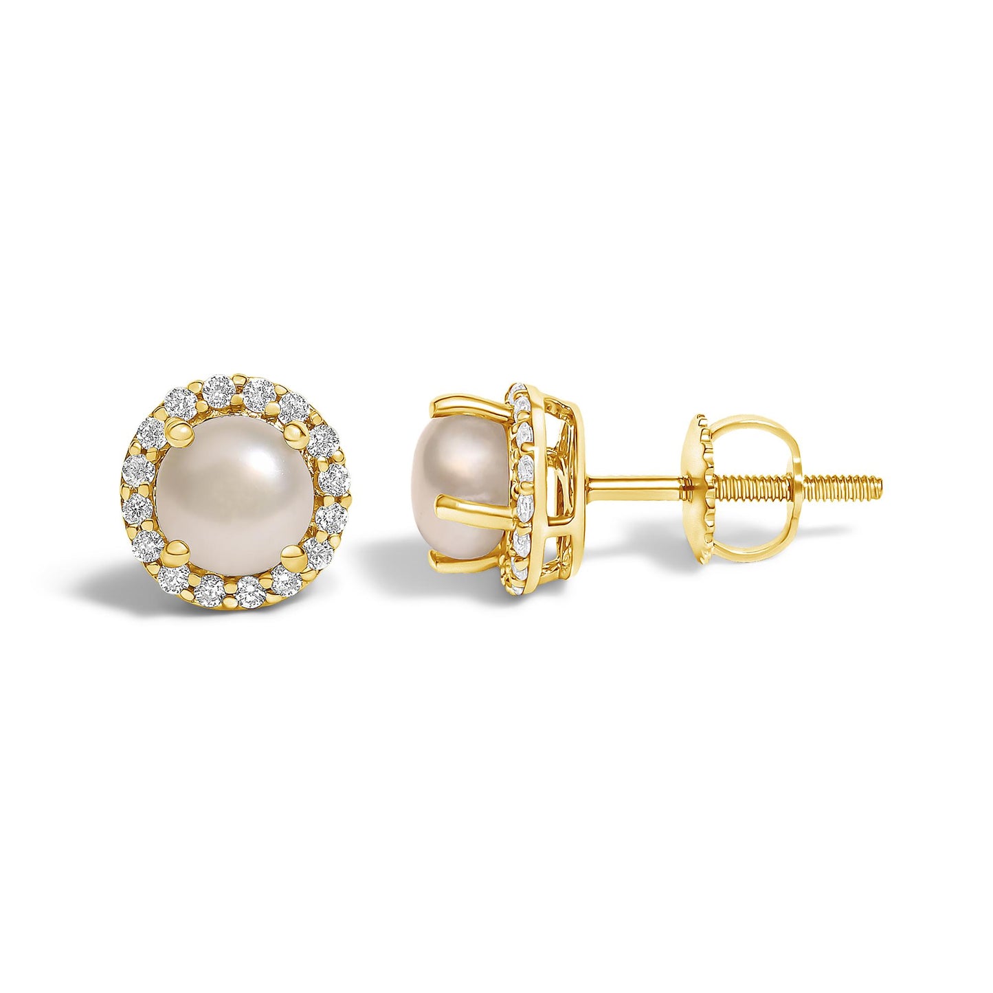 Close-up front and side view of yellow metal stud earrings with a central round pearl-like gemstone surrounded by a halo of small round white gemstones in shared prong settings, shown on a white background.