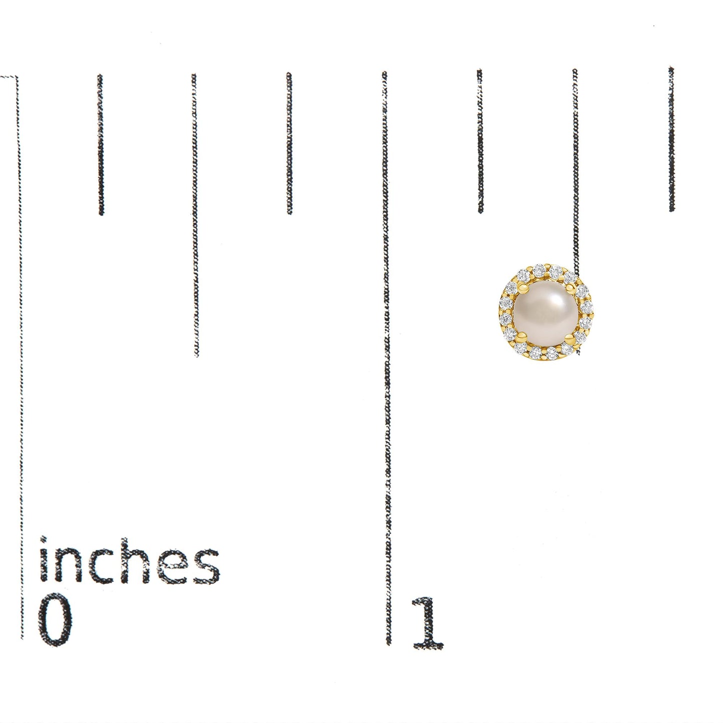 Close-up top-down view of a round yellow earring with a central pearl surrounded by a halo of white round gemstones, shown on a scale.