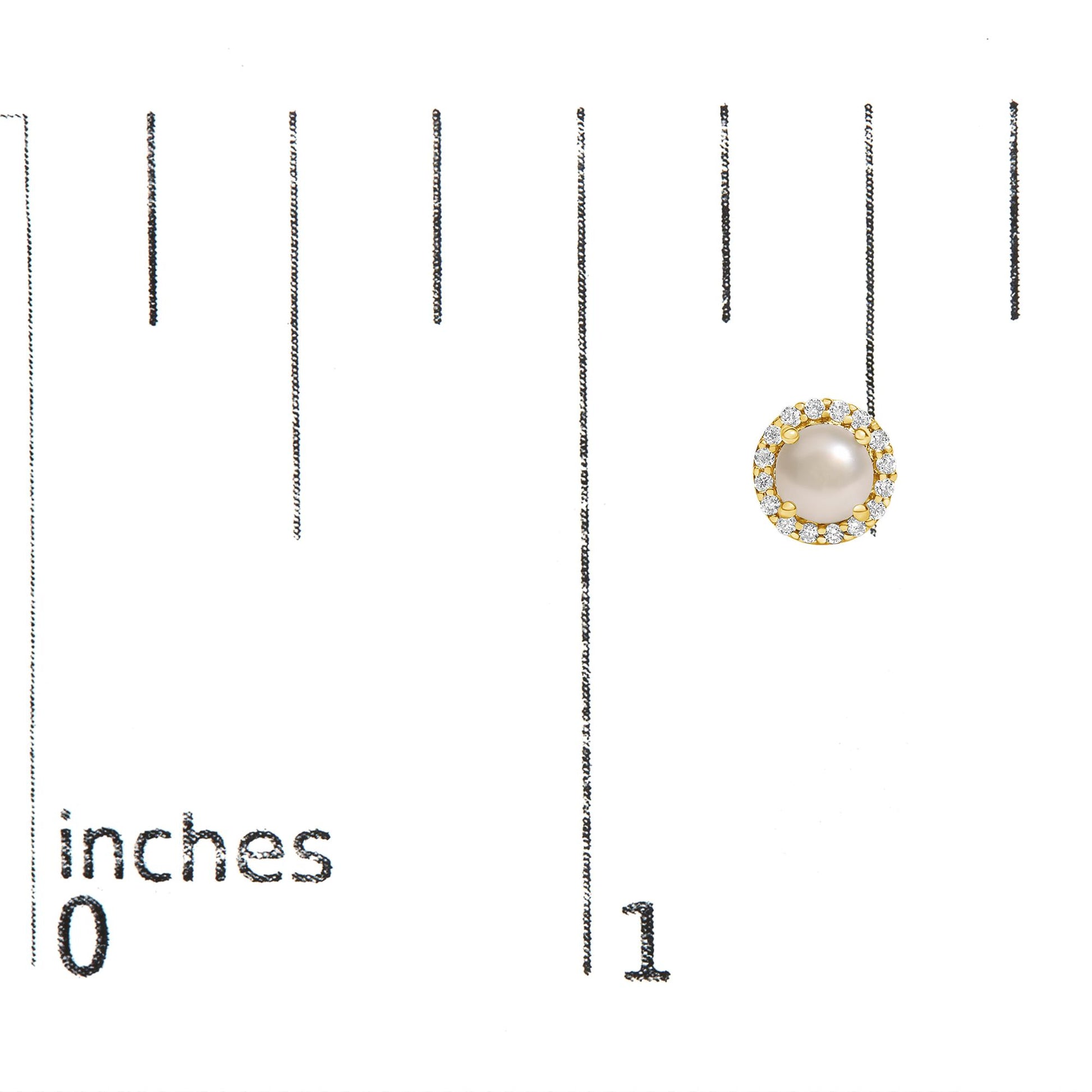 Close-up top-down view of a round yellow earring with a central pearl surrounded by a halo of white round gemstones, shown on a scale.