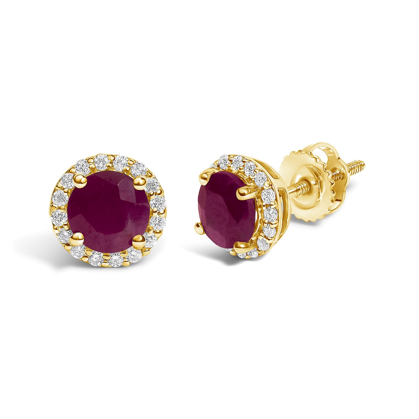Pair of yellow metal stud earrings with round red gemstones in the center, surrounded by a halo of round white gemstones in shared prong settings, shown in a close-up angled view.