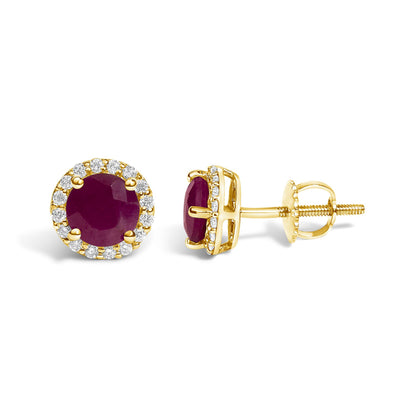 Pair of yellow metal stud earrings with round red gemstones in the center, surrounded by a halo of round white gemstones, shown from front and side angles on a white background.