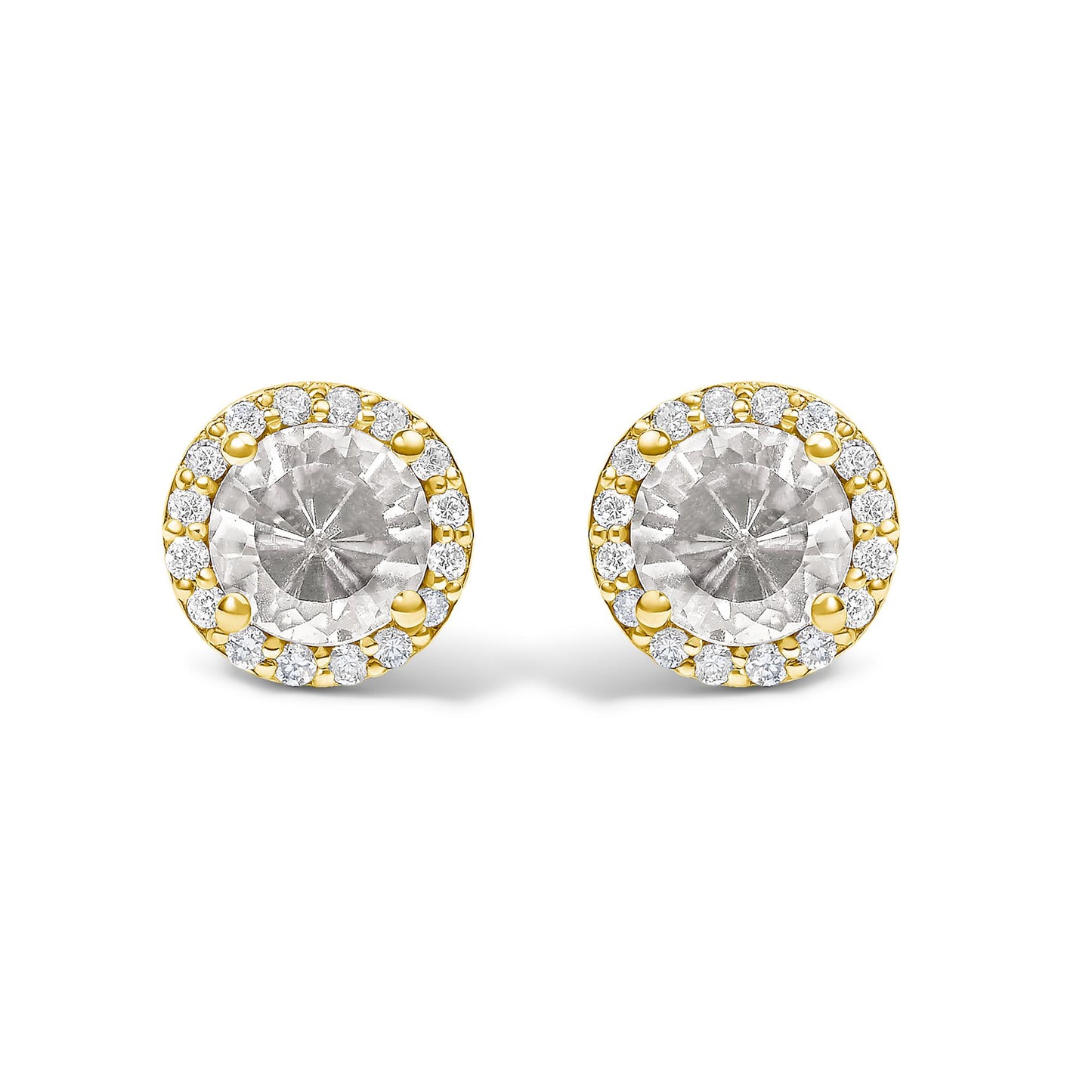 Front angle close-up of round yellow metal stud earrings with a larger round white gemstone center surrounded by a circle of smaller round white gemstones in shared prong settings.