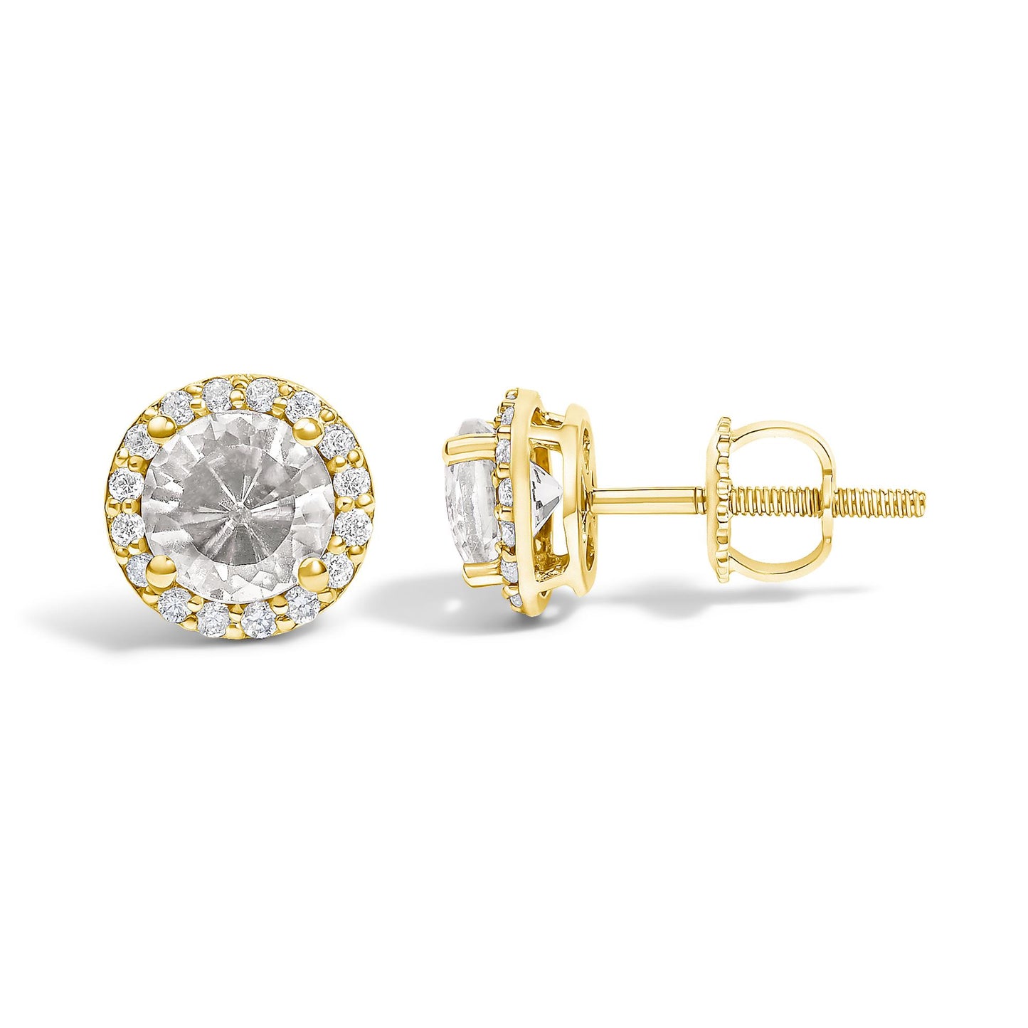 Pair of yellow metal stud earrings shown on a white background, each featuring a central round white gemstone surrounded by small round white gemstones in shared prong settings, side and front angles visible.