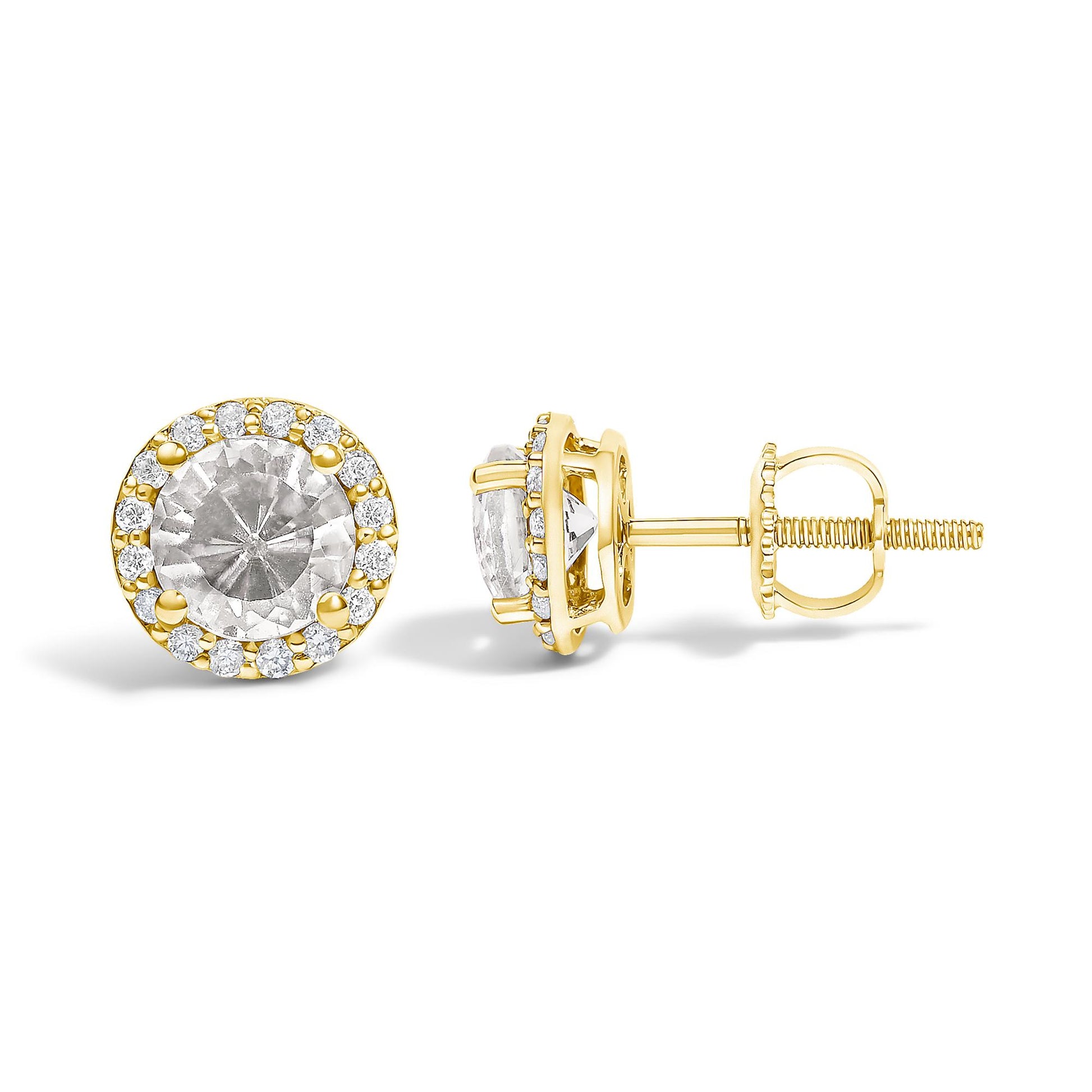 Pair of yellow metal stud earrings shown on a white background, each featuring a central round white gemstone surrounded by small round white gemstones in shared prong settings, side and front angles visible.