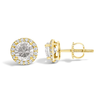 Pair of yellow metal stud earrings shown on a white background, each featuring a central round white gemstone surrounded by small round white gemstones in shared prong settings, side and front angles visible.