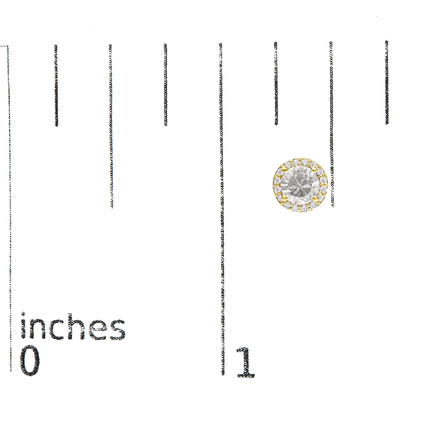 Yellow metal round stud earring with a central white gemstone surrounded by white round gemstones in a shared prong setting, shown on a scale.