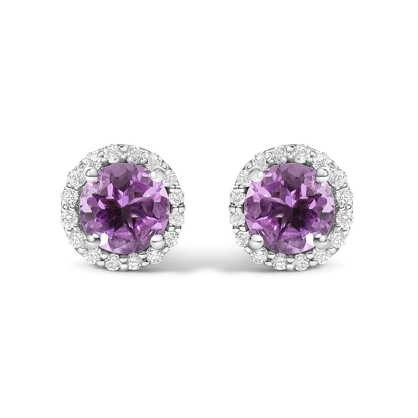 Pair of round stud earrings with central purple gemstones surrounded by a halo of small white gemstones, shown from the front on a white background.