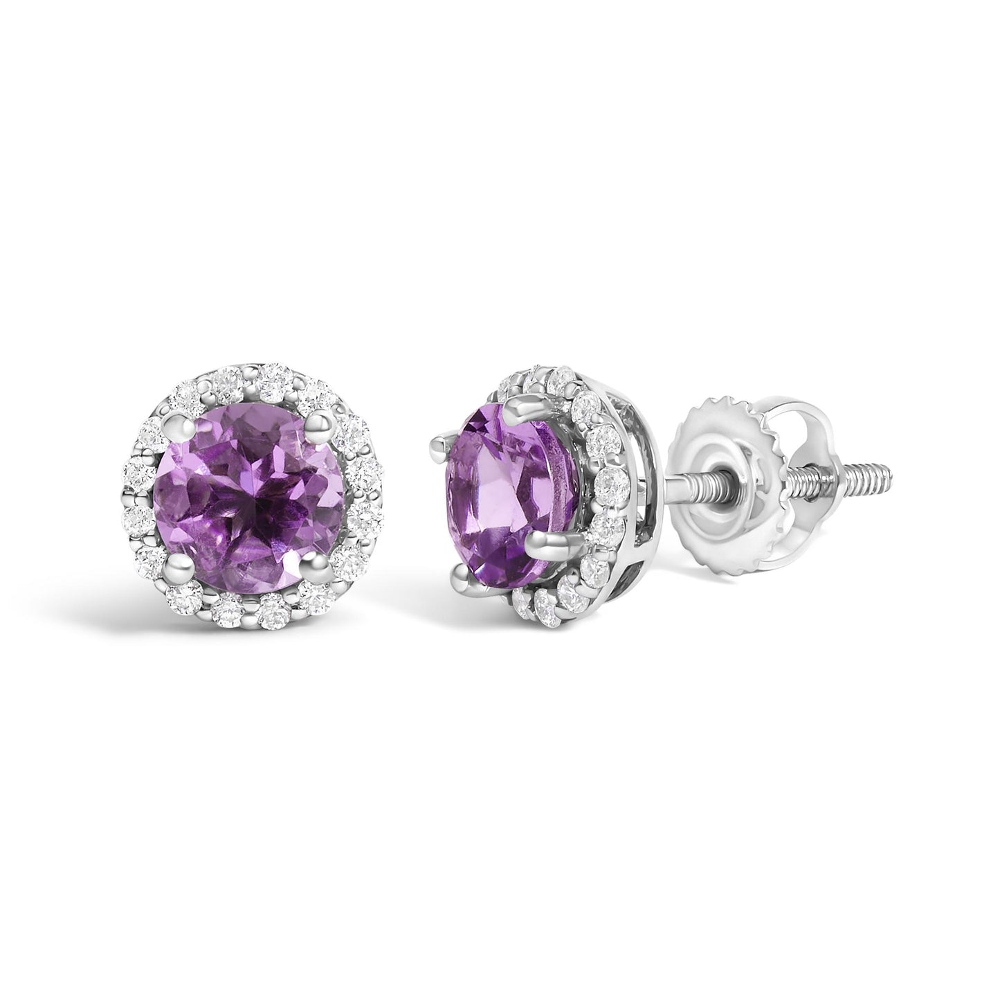 Close-up front and side angle of white metal stud earrings featuring round purple gemstones set with four prongs, surrounded by a halo of small round white gemstones in shared prong settings.