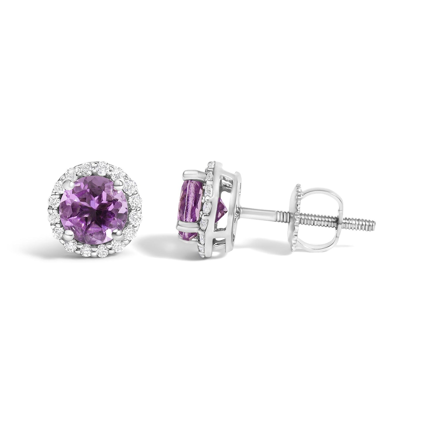 Pair of white metal stud earrings with a round purple gemstone center surrounded by small round white gemstones, shown from front and side angles on a white background.