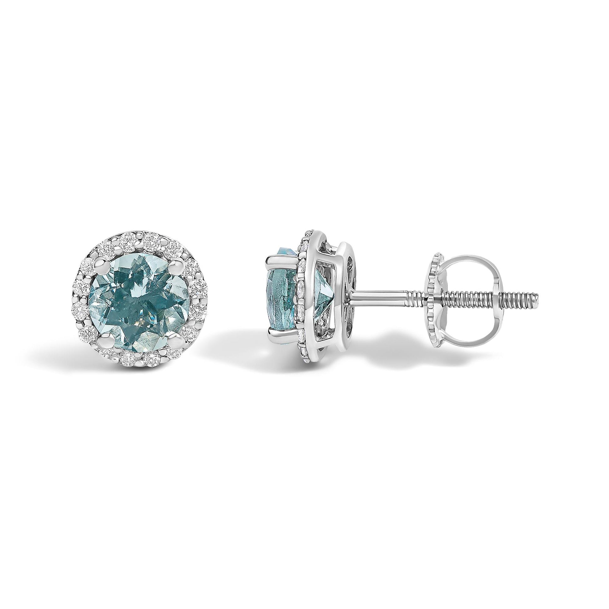 Pair of round stud earrings with a central blue gemstone surrounded by a halo of small white gemstones, shown from front and side angles on a white background.