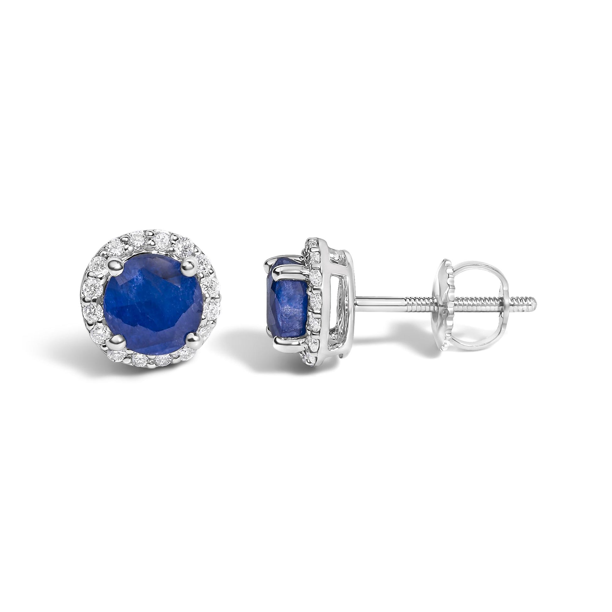 Close-up front and side view of white stud earrings featuring a large round blue gemstone center surrounded by a halo of small round white gemstones in shared prong settings. The image shows one earring facing forward and the other sideways, revealing the screw-back fastening.