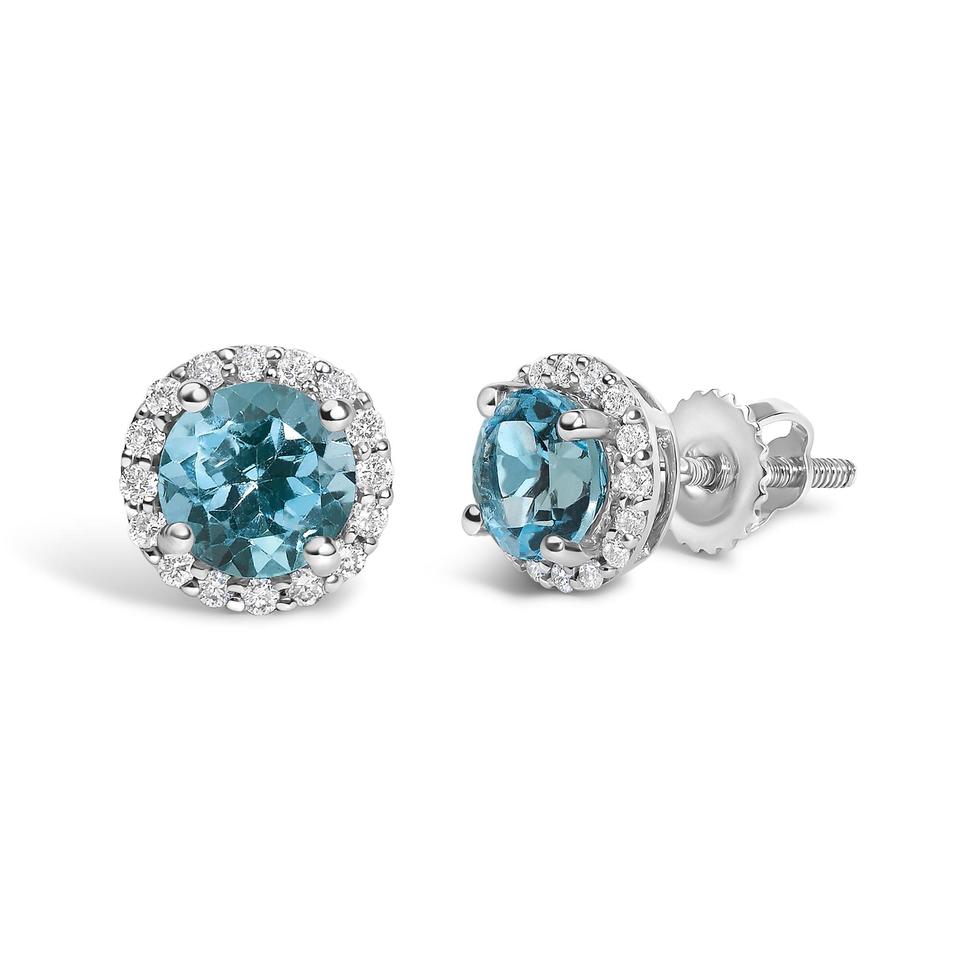 Pair of round stud earrings shown from front and side angles, featuring a central blue gemstone surrounded by a halo of small white gemstones in shared prong settings on white metal.