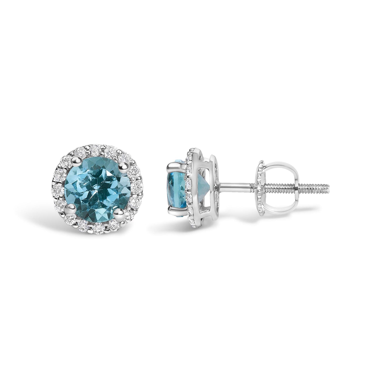 Pair of white metal stud earrings shown from front and side angles, each featuring a round blue gemstone in a four-prong setting surrounded by a halo of small round white gemstones in a shared prong setting.