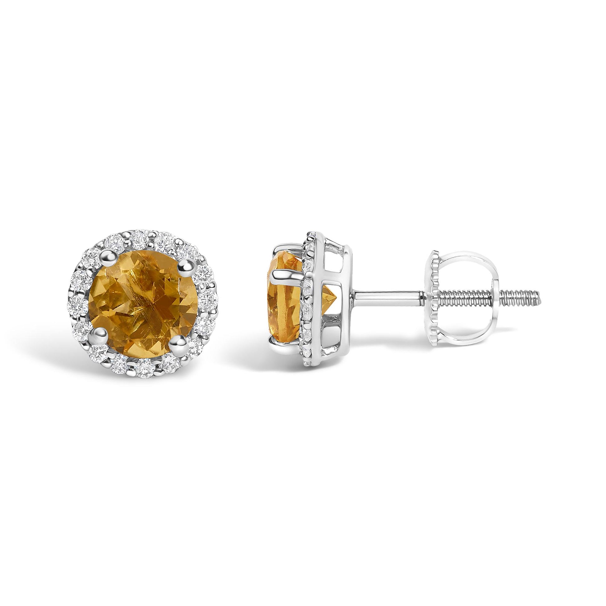 Pair of white metal stud earrings shown from front and side angles, each featuring a round orange gemstone center surrounded by a halo of round white gemstones in shared prong settings.