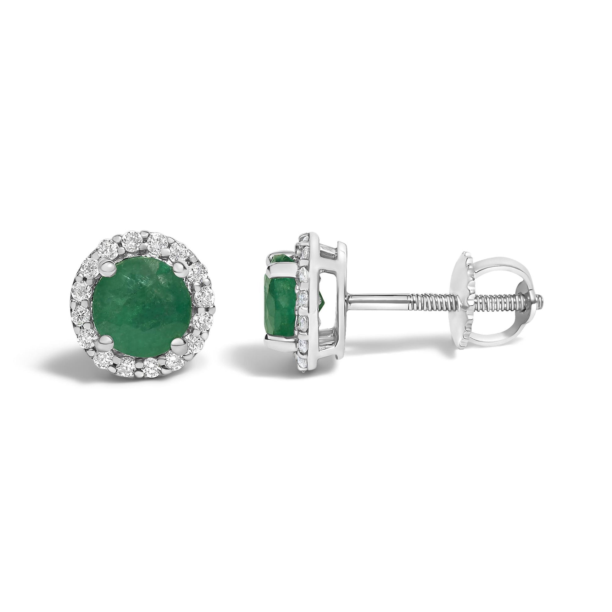 Pair of white metal stud earrings with a round green gemstone center surrounded by a halo of small round white gemstones, shown in a front and side angle on a white background.