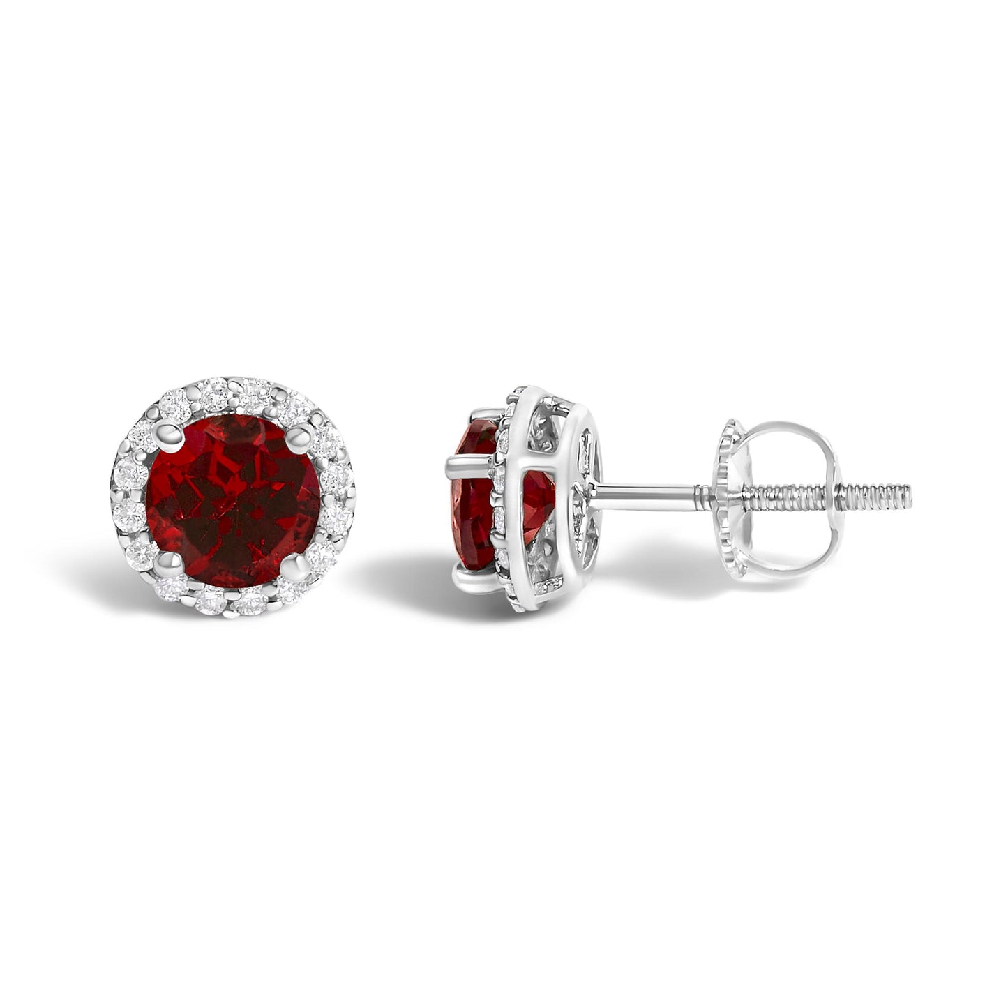Pair of white metal stud earrings with round red gemstones in the center, surrounded by a halo of small round white gemstones, shown from front and side angles on a white background.