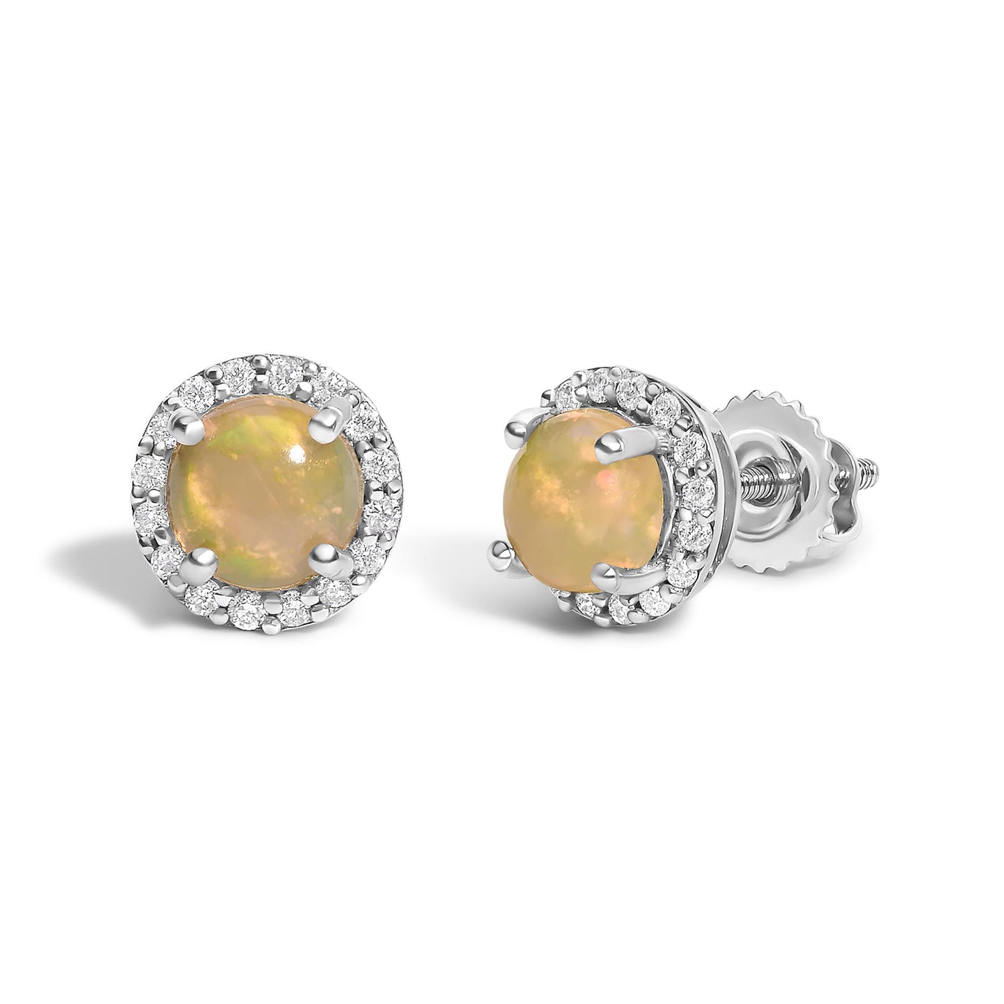 Close-up front and side angle of a pair of white metal stud earrings, each featuring a round multi-color opal gemstone in a four-prong setting, surrounded by a halo of round white gemstones in a shared prong setting.