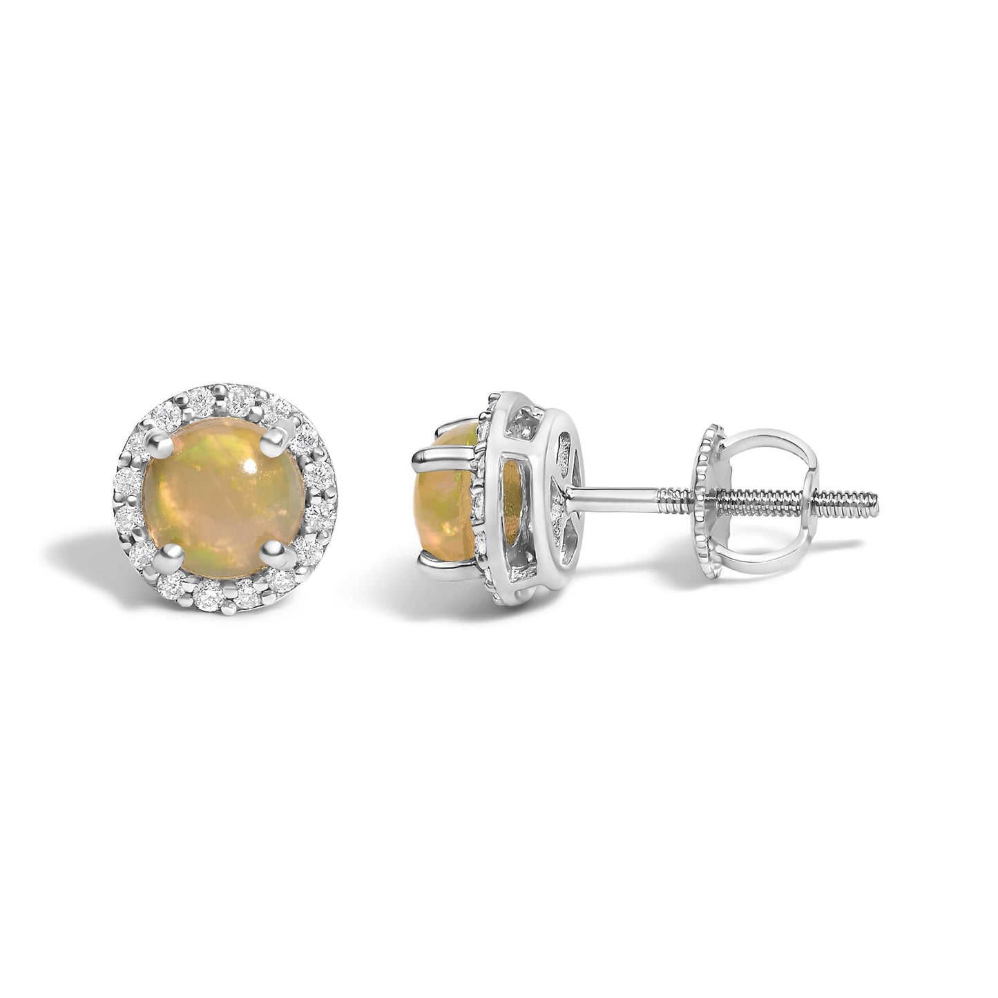 Close-up front and side angle of a pair of white metal stud earrings featuring round multi-color opal gemstones in a four-prong setting surrounded by a halo of round white gemstones in a shared prong setting.