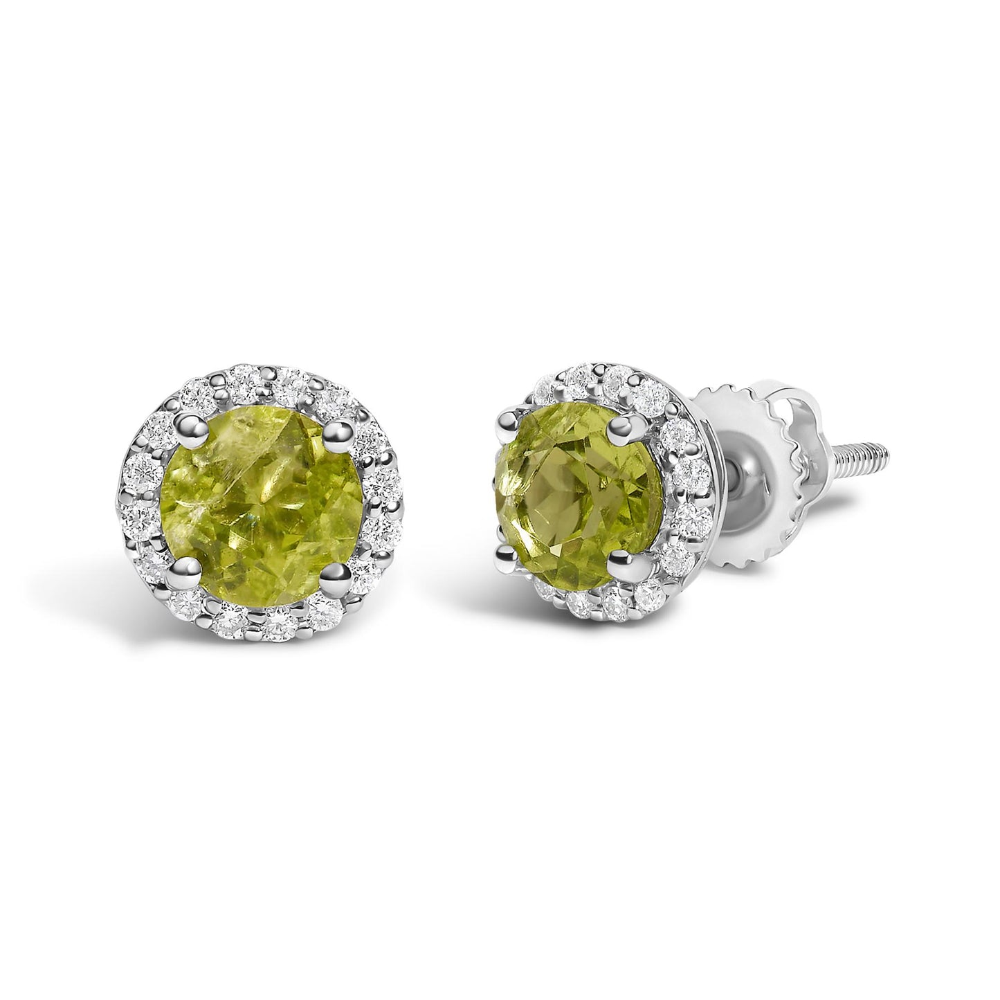Pair of white metal stud earrings with round green gemstones in the center, surrounded by a circle of small white gemstones, shown from a front side angle on a white background.