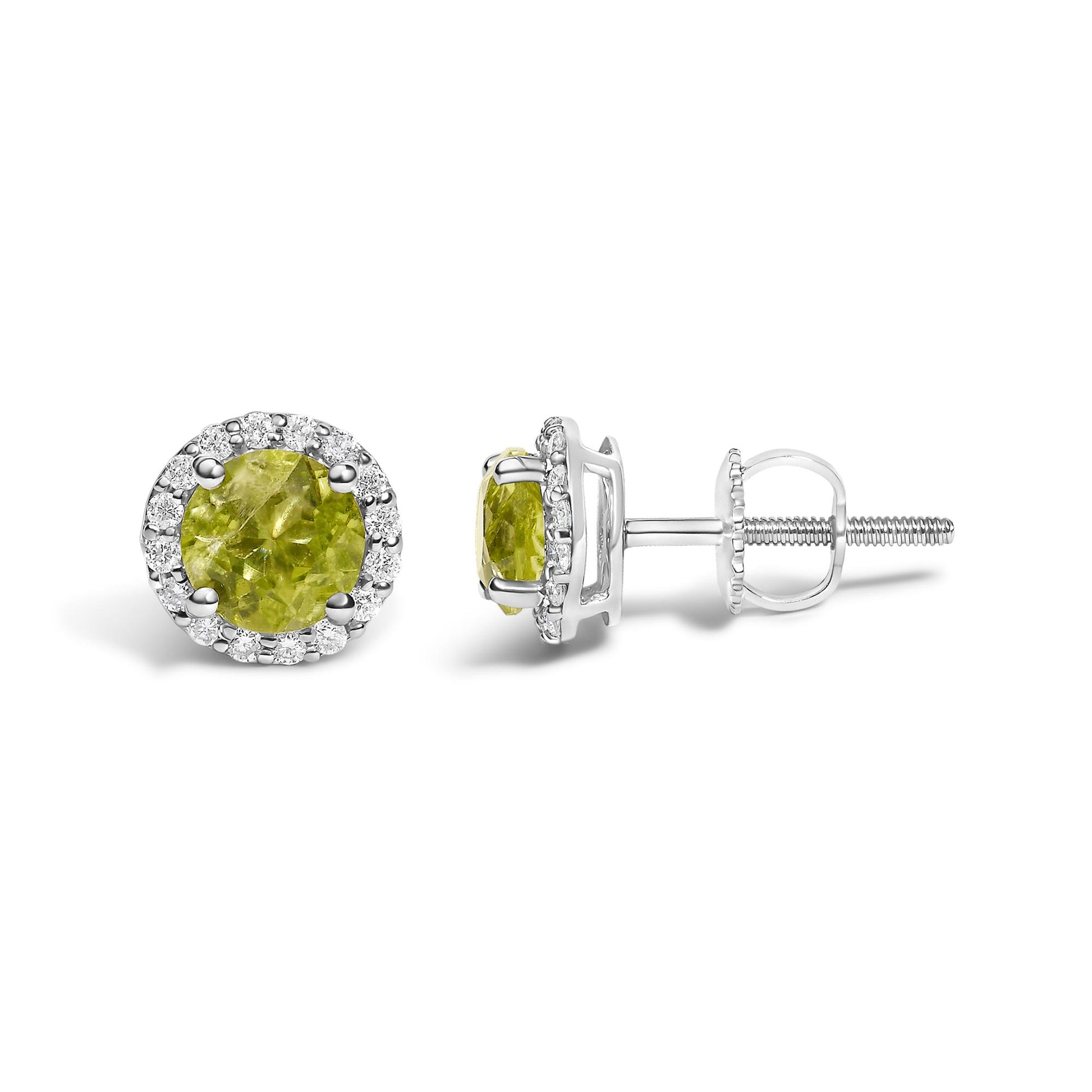 Pair of white metal stud earrings shown from front and side angles, each featuring a round green gemstone center surrounded by a halo of small round white gemstones in shared prong settings.